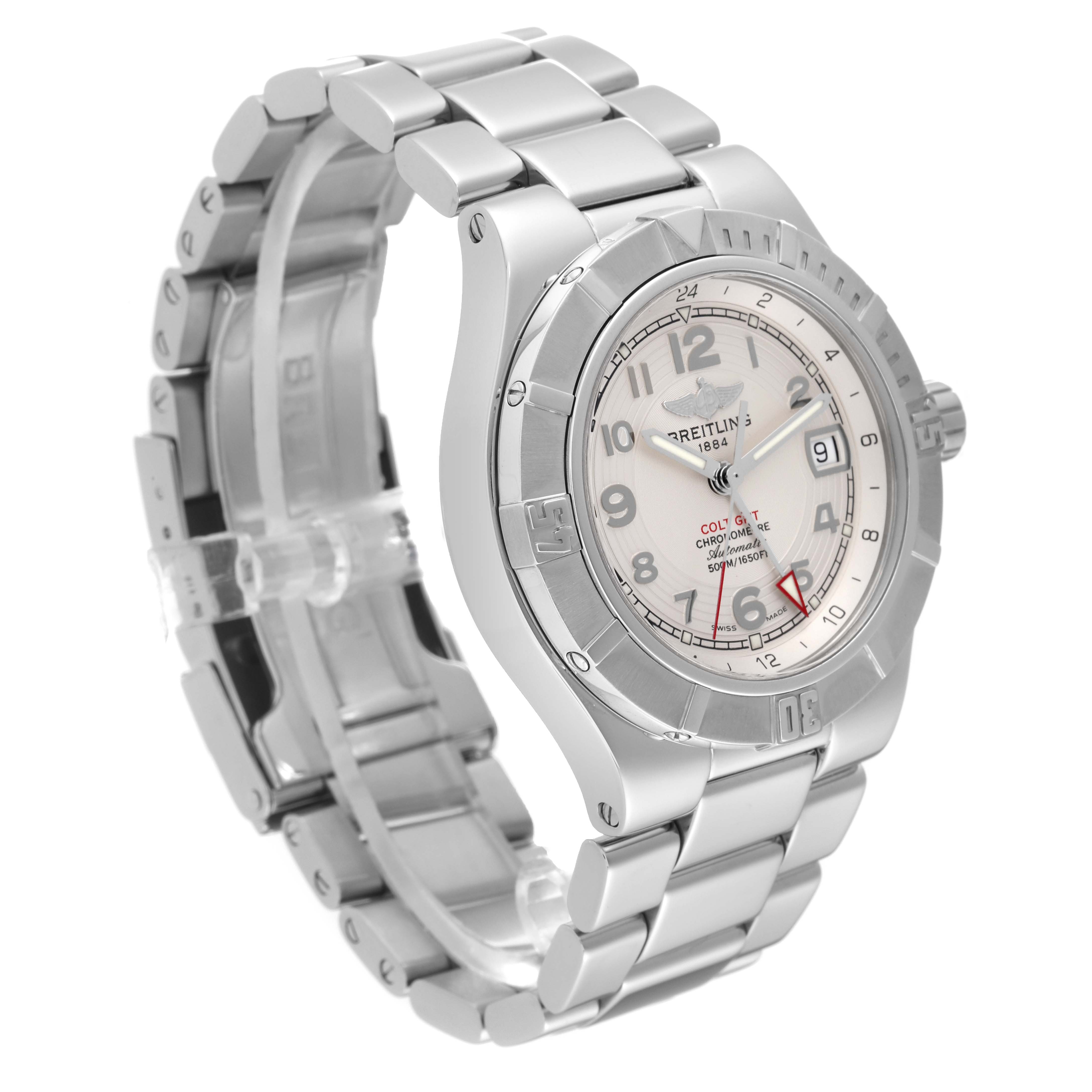 The image shows a Breitling Colt A3237011/G673 Men's Stainless Steel Silver Dial A3237011/G673 Men's Stainless Steel Silver Dial watch at a three-quarter angle, highlighting its dial, bracelet, and bezel.