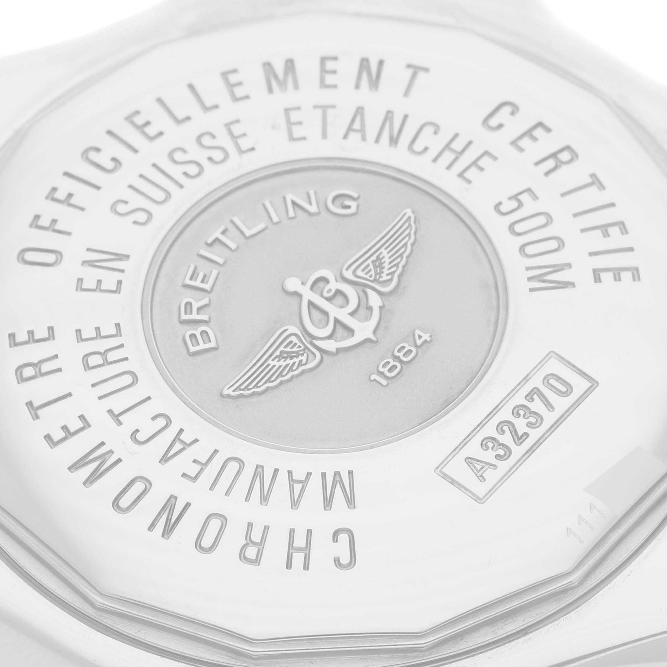 The image shows the back case of a Breitling Colt A3237011/G673 Men's Stainless Steel Silver Dial A3237011/G673 Men's Stainless Steel Silver Dial watch, highlighting the brand's logo, certification, and model number.