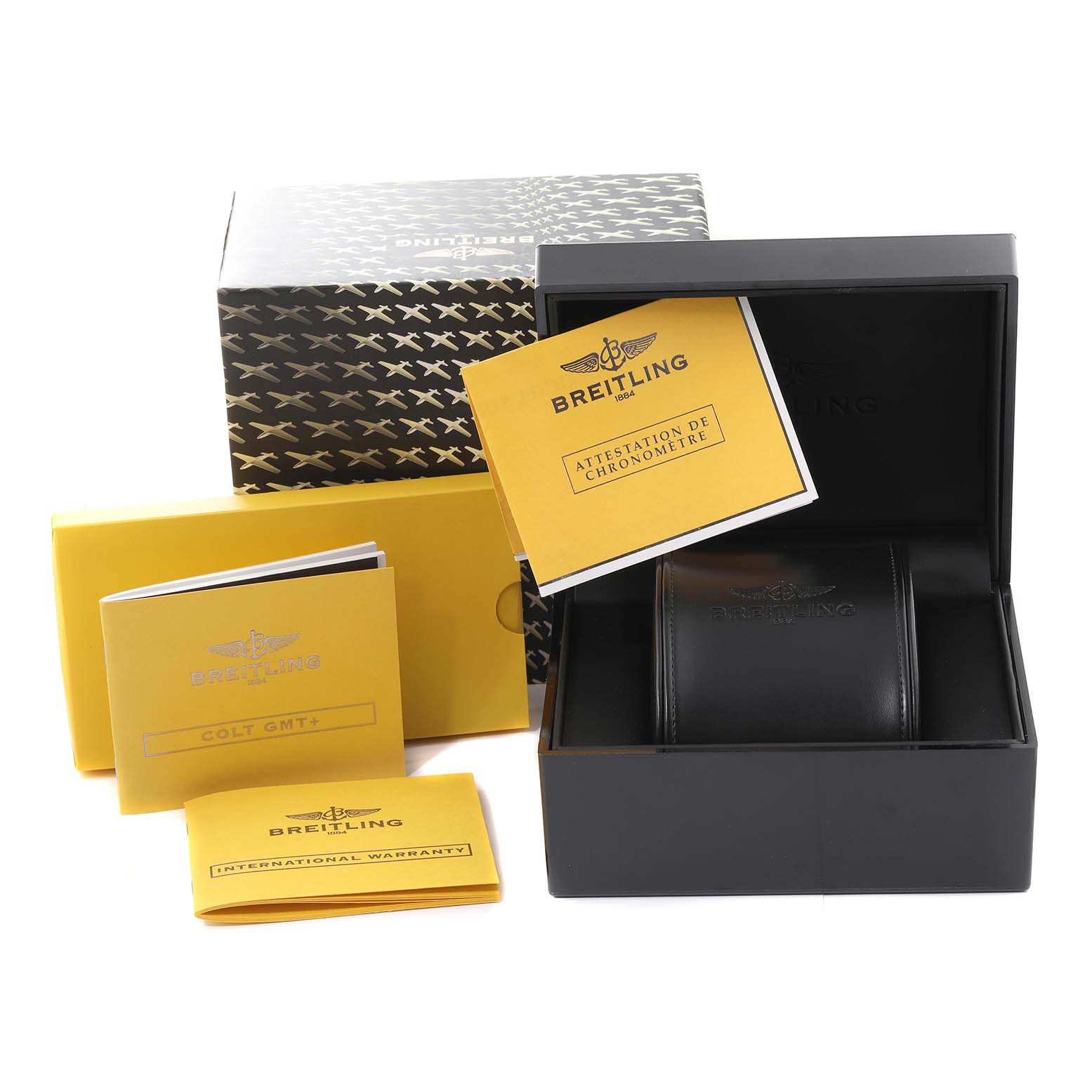The image shows the packaging and accessories for a Breitling Colt A3237011/G673 Men's Stainless Steel Silver Dial A3237011/G673 Men's Stainless Steel Silver Dial watch, including manuals, warranty card, and the watch box.