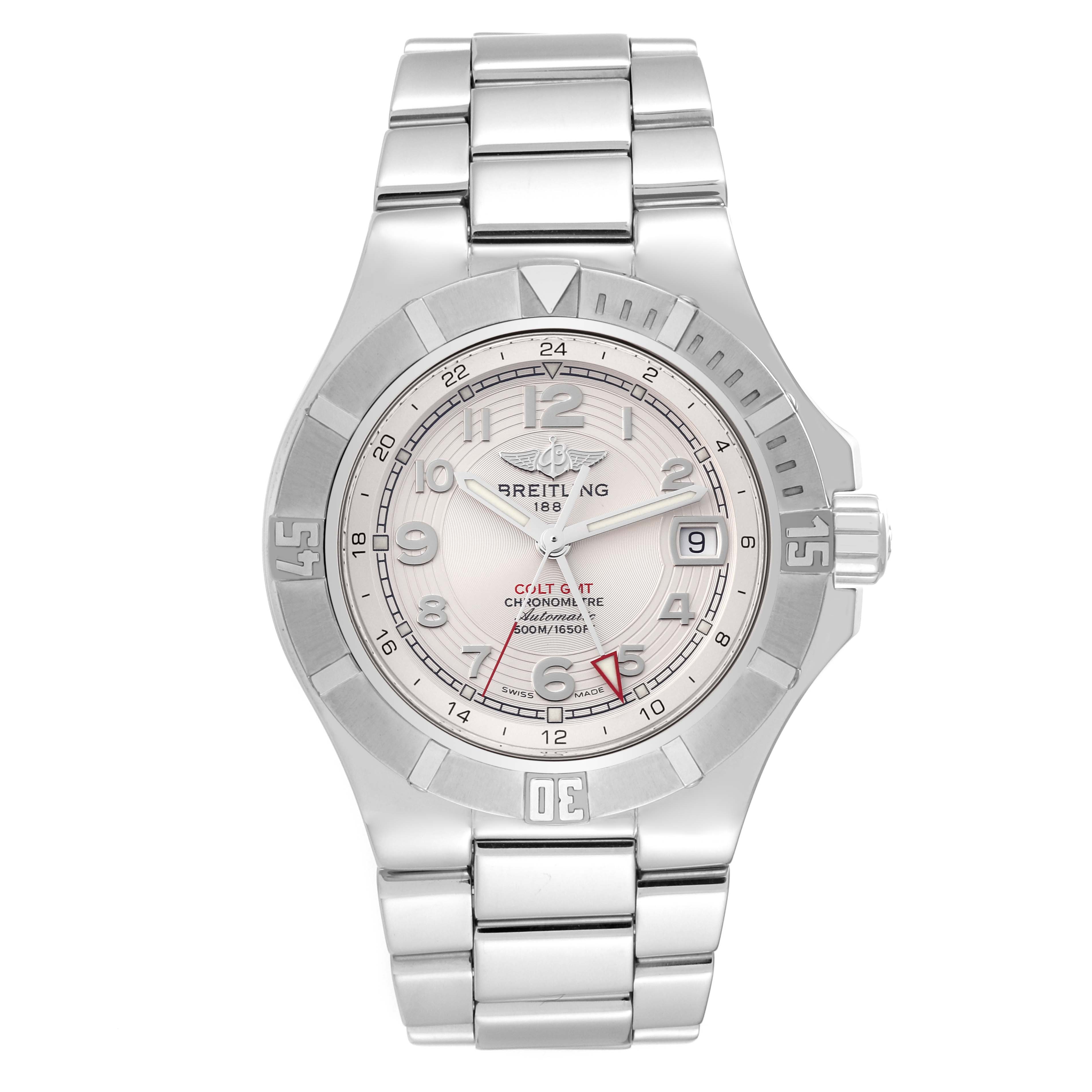 The Breitling Colt A3237011/G673 Men's Stainless Steel Silver Dial A3237011/G673 Men's Stainless Steel Silver Dial watch is shown from the front, displaying its face, bezel, and metal bracelet.