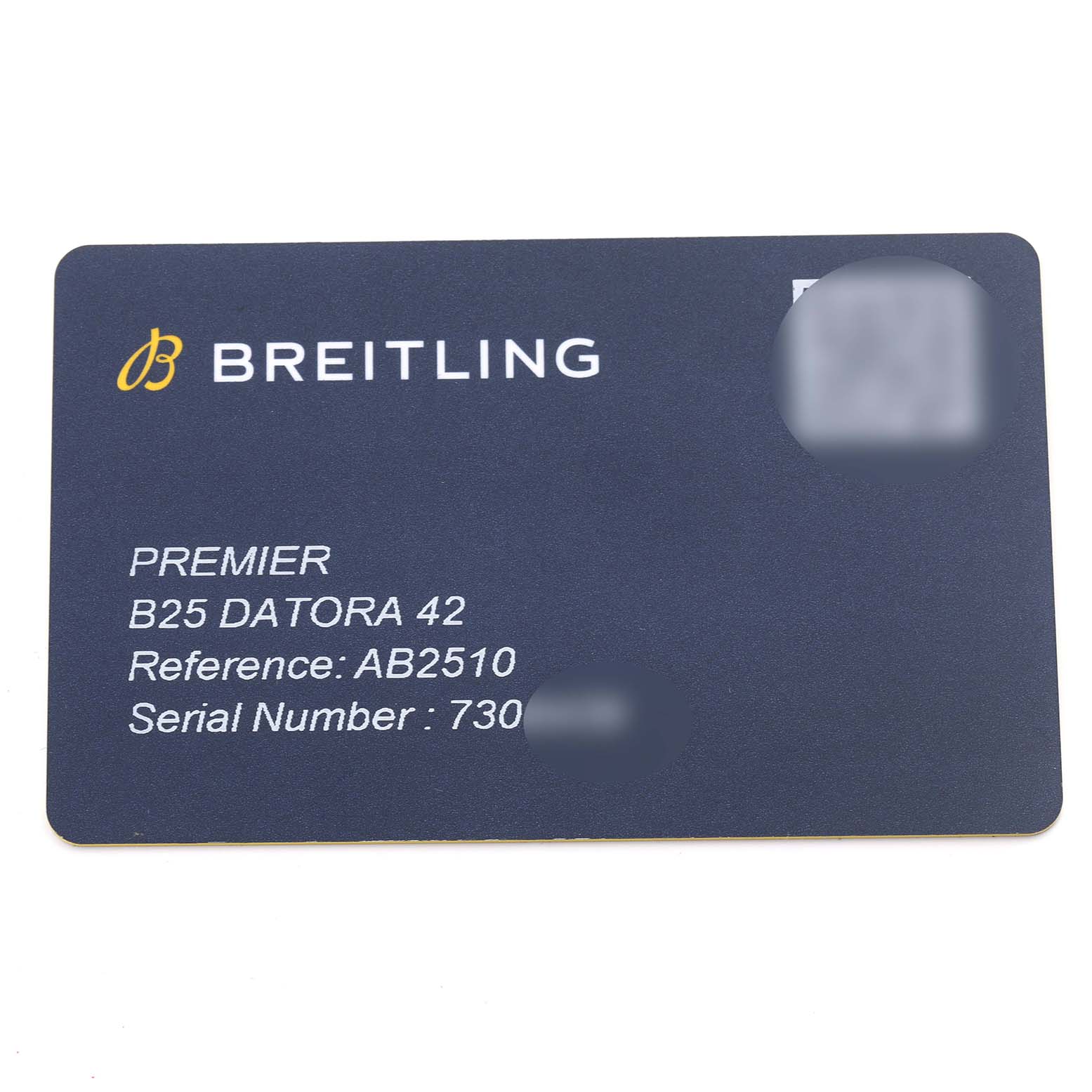 The image shows a warranty card for the Breitling Premier AB2510 Men's Stainless Steel Pink Dial AB2510 Men's Stainless Steel Pink Dial B25 Datora 42 watch.