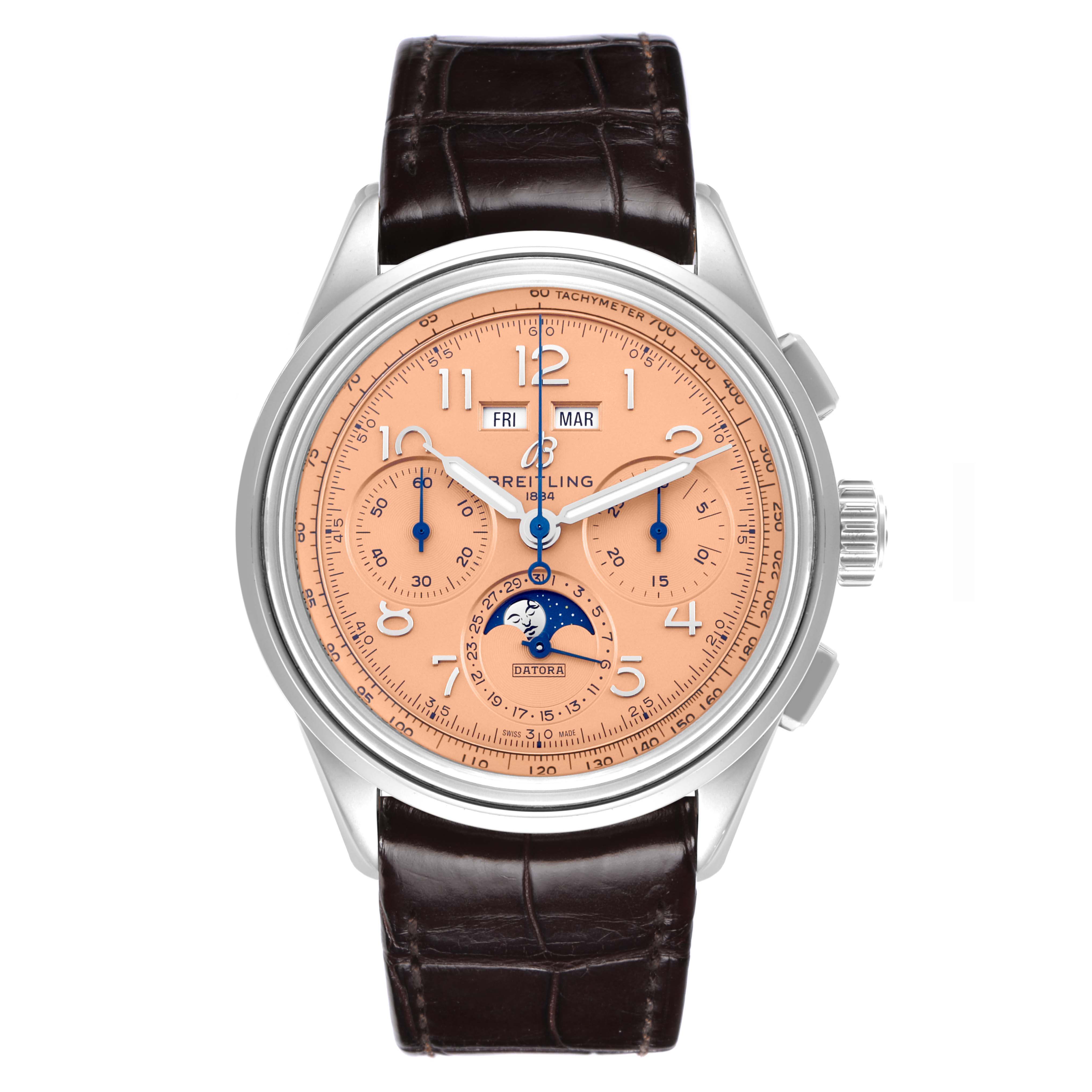 The Breitling Premier AB2510 Men's Stainless Steel Pink Dial AB2510 Men's Stainless Steel Pink Dial model is shown from the front, displaying its dial, chronograph subdials, moon phase, and leather strap.