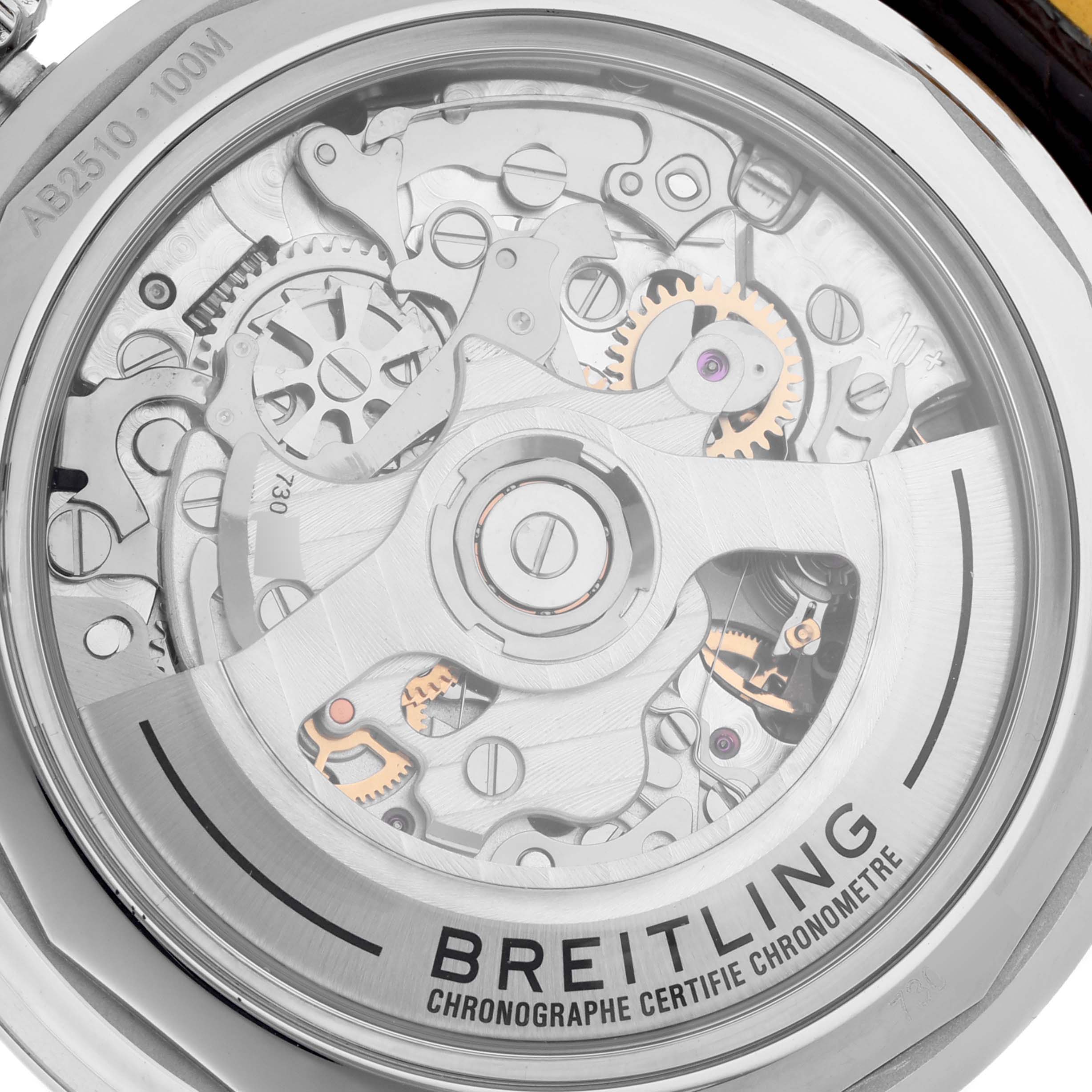 The image shows the movement and inner workings through the case back of the Breitling Premier AB2510 Men's Stainless Steel Pink Dial AB2510 Men's Stainless Steel Pink Dial watch.