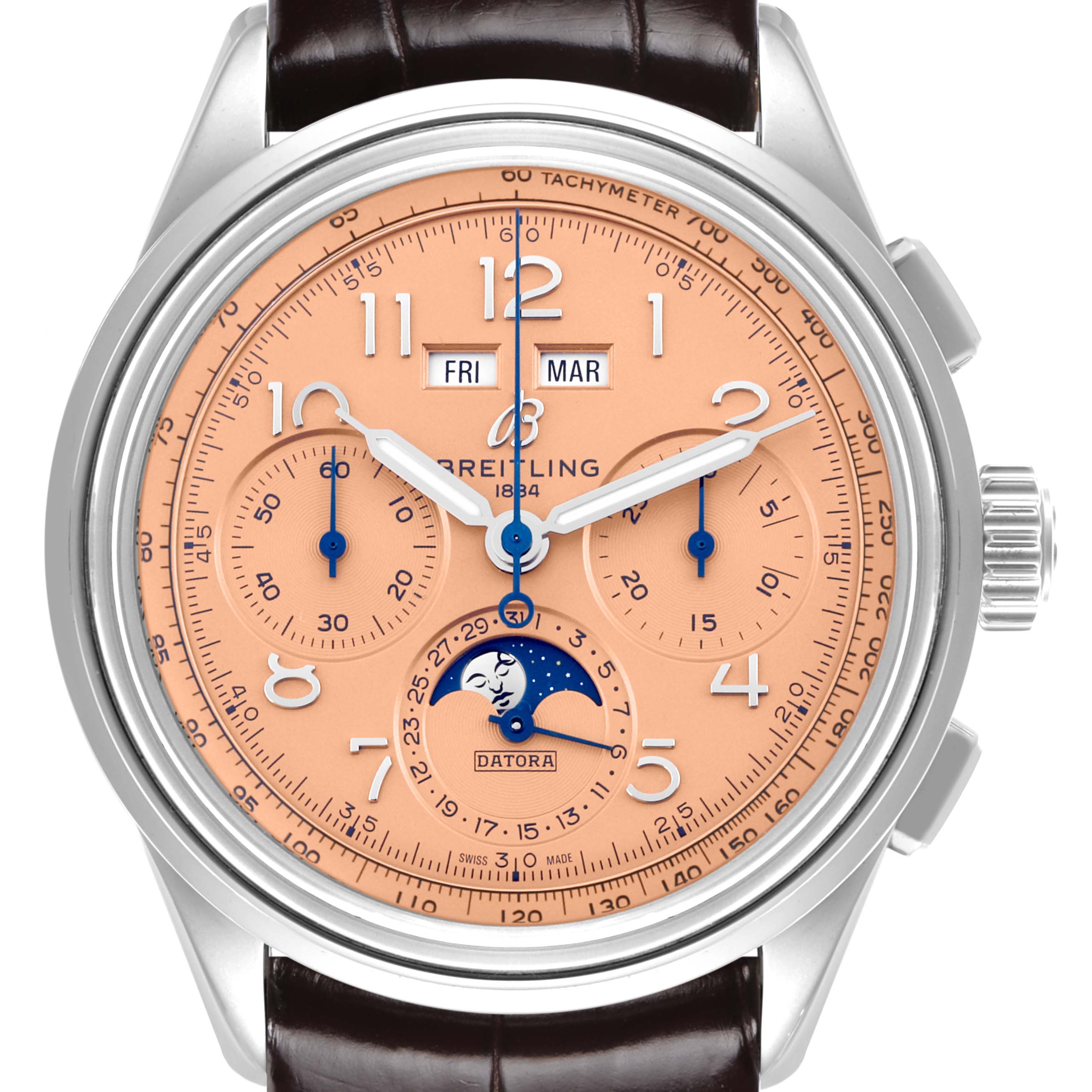 The Breitling Premier AB2510 Men's Stainless Steel Pink Dial AB2510 Men's Stainless Steel Pink Dial watch is shown from the front, displaying the dial, subdials, moon phase, and part of the strap and crown.