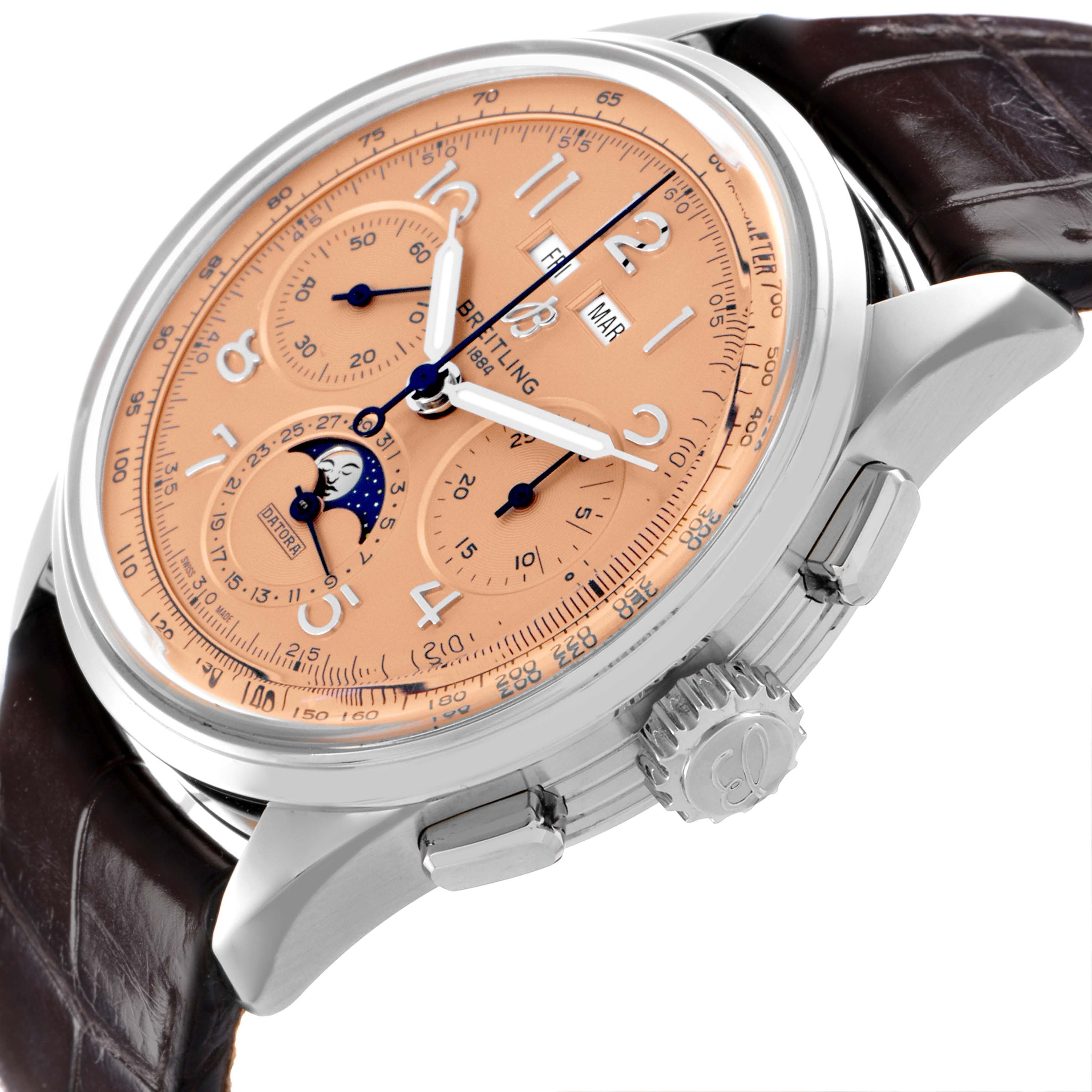 The image shows a side angle of the Breitling Premier AB2510 Men's Stainless Steel Pink Dial AB2510 Men's Stainless Steel Pink Dial watch, highlighting the dial, crown, pushers, and leather strap.