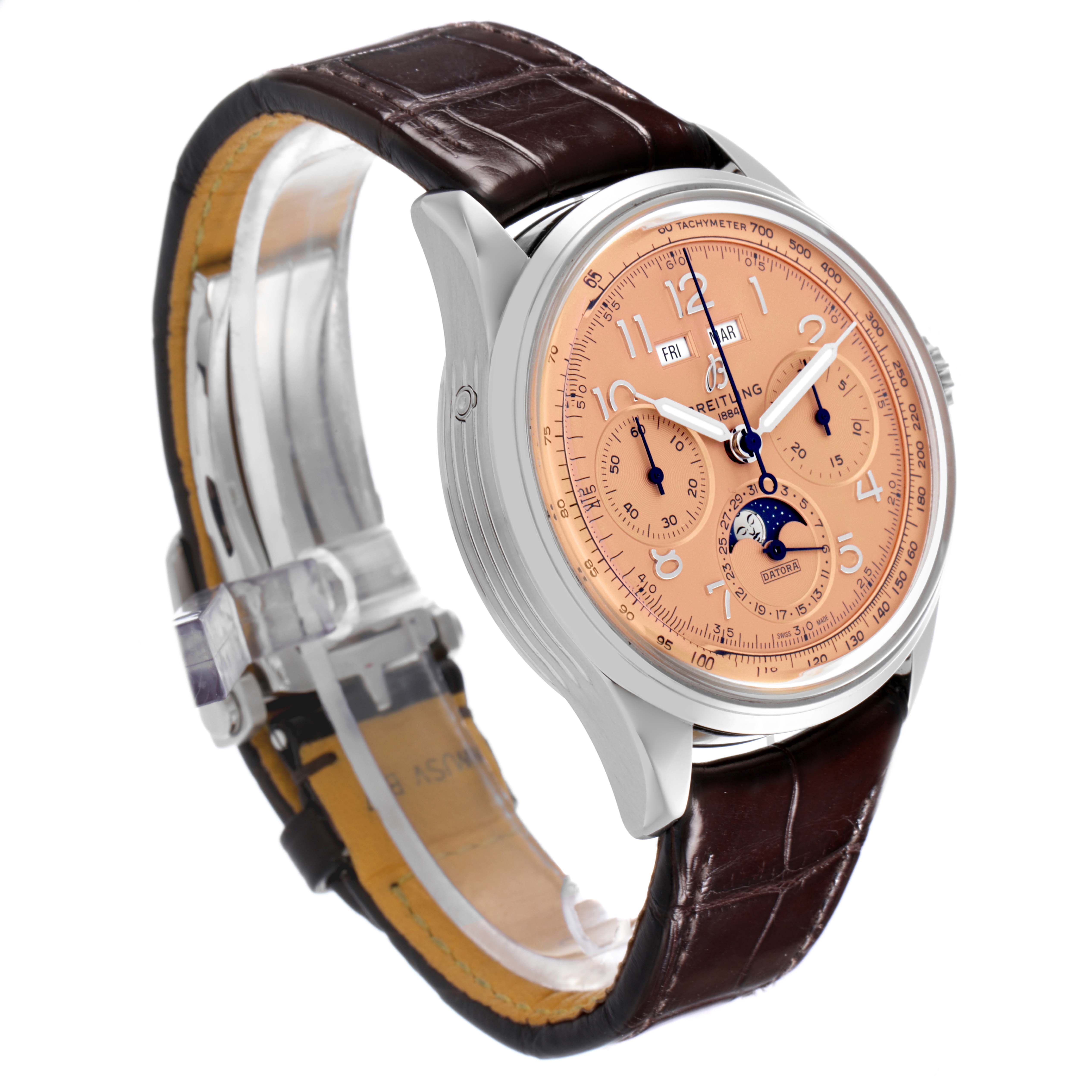 The Breitling Premier AB2510 Men's Stainless Steel Pink Dial AB2510 Men's Stainless Steel Pink Dial watch is shown at a slight angle, highlighting its face, leather strap, and clasp.