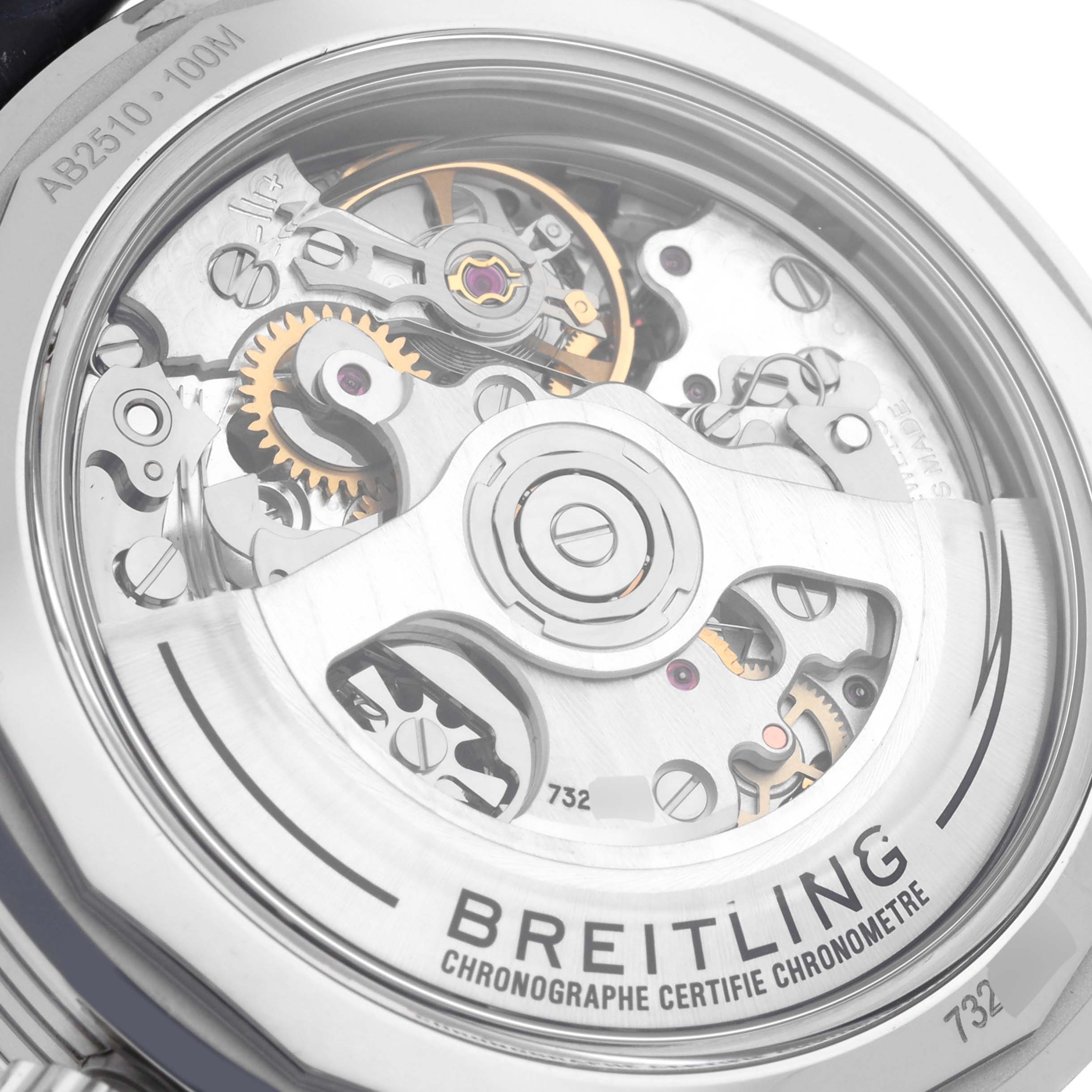 The angle shows the underside of the Breitling Premier AB2510 Men's Stainless Steel Pink Dial AB2510 Men's Stainless Steel Pink Dial model, highlighting its mechanical movement through a transparent case back.