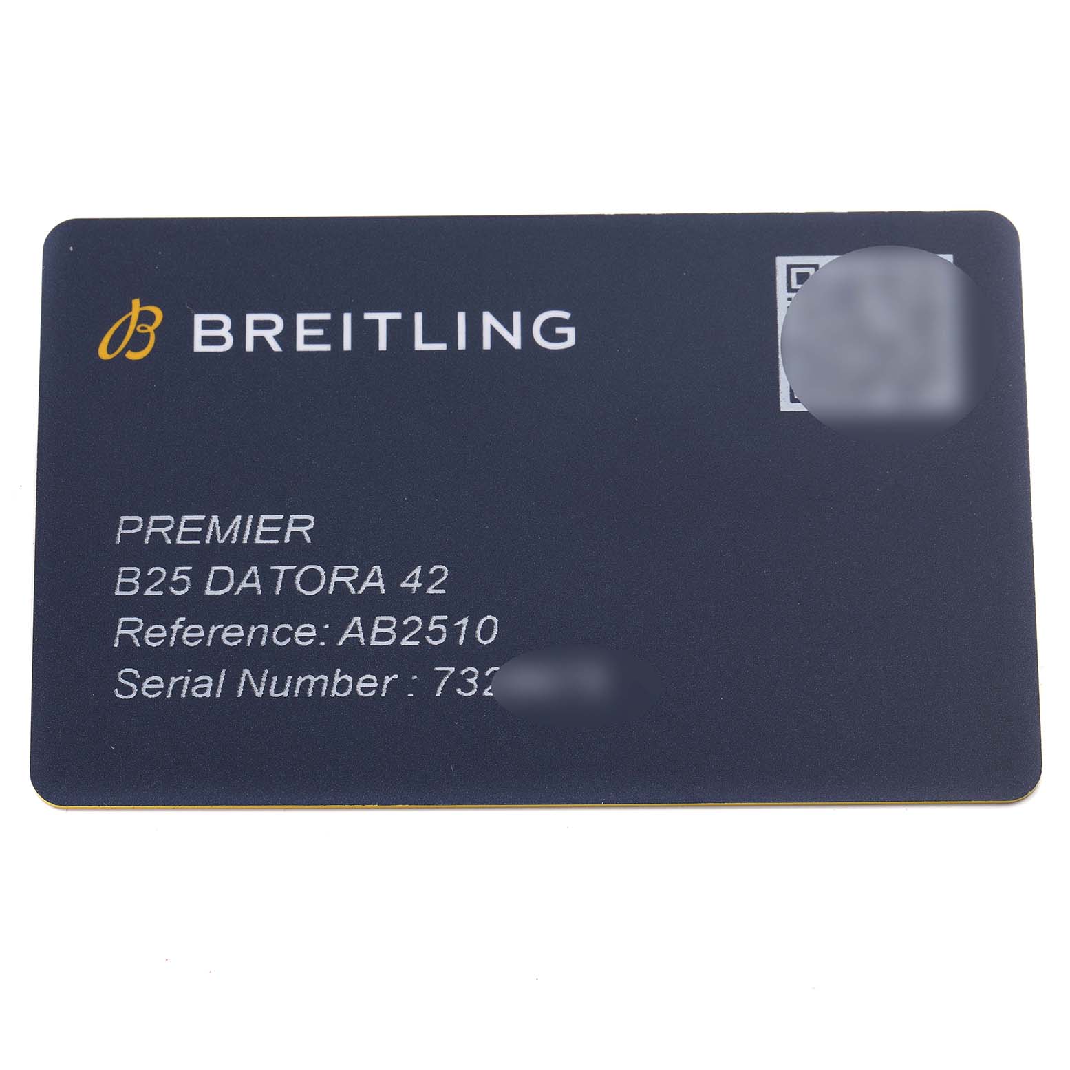 The image shows a Breitling Premier AB2510 Men's Stainless Steel Pink Dial AB2510 Men's Stainless Steel Pink Dial B25 Datora 42 warranty card from a top view.