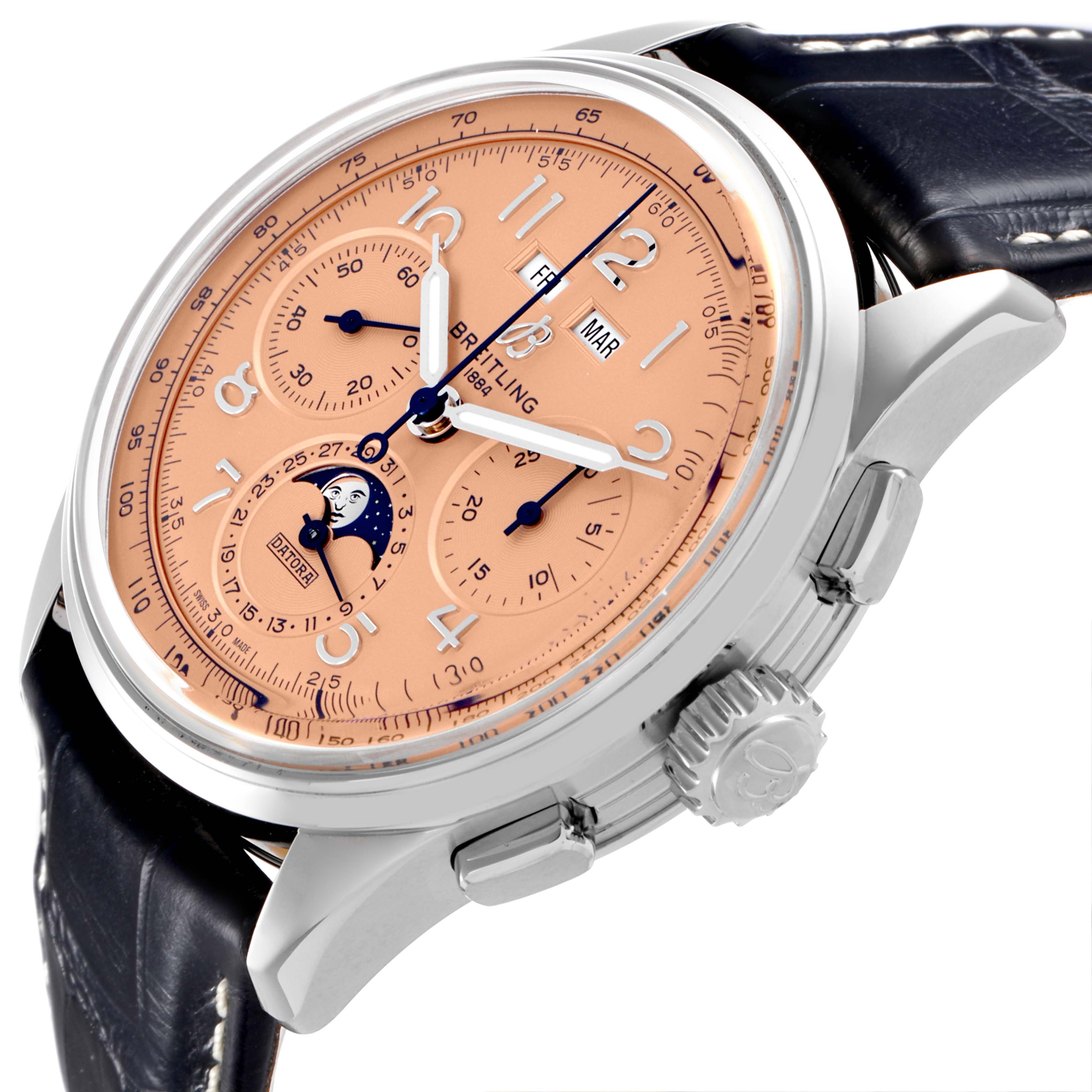 The image shows a side angle of the Breitling Premier AB2510 Men's Stainless Steel Pink Dial AB2510 Men's Stainless Steel Pink Dial watch, highlighting the dial, bezel, crown, and part of the strap.