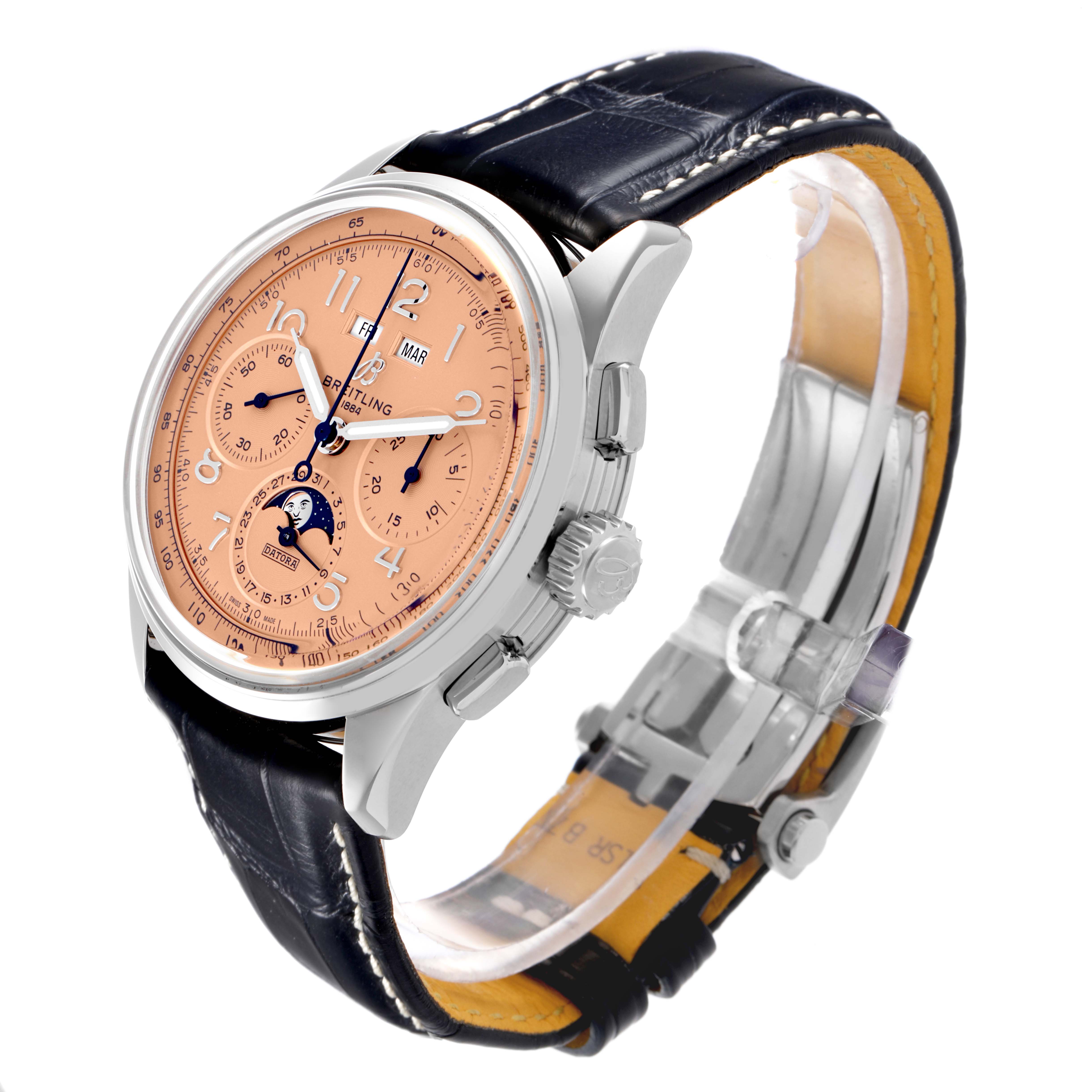 The Breitling Premier AB2510 Men's Stainless Steel Pink Dial AB2510 Men's Stainless Steel Pink Dial model watch is shown at an angle highlighting the face, leather strap, and side crown.