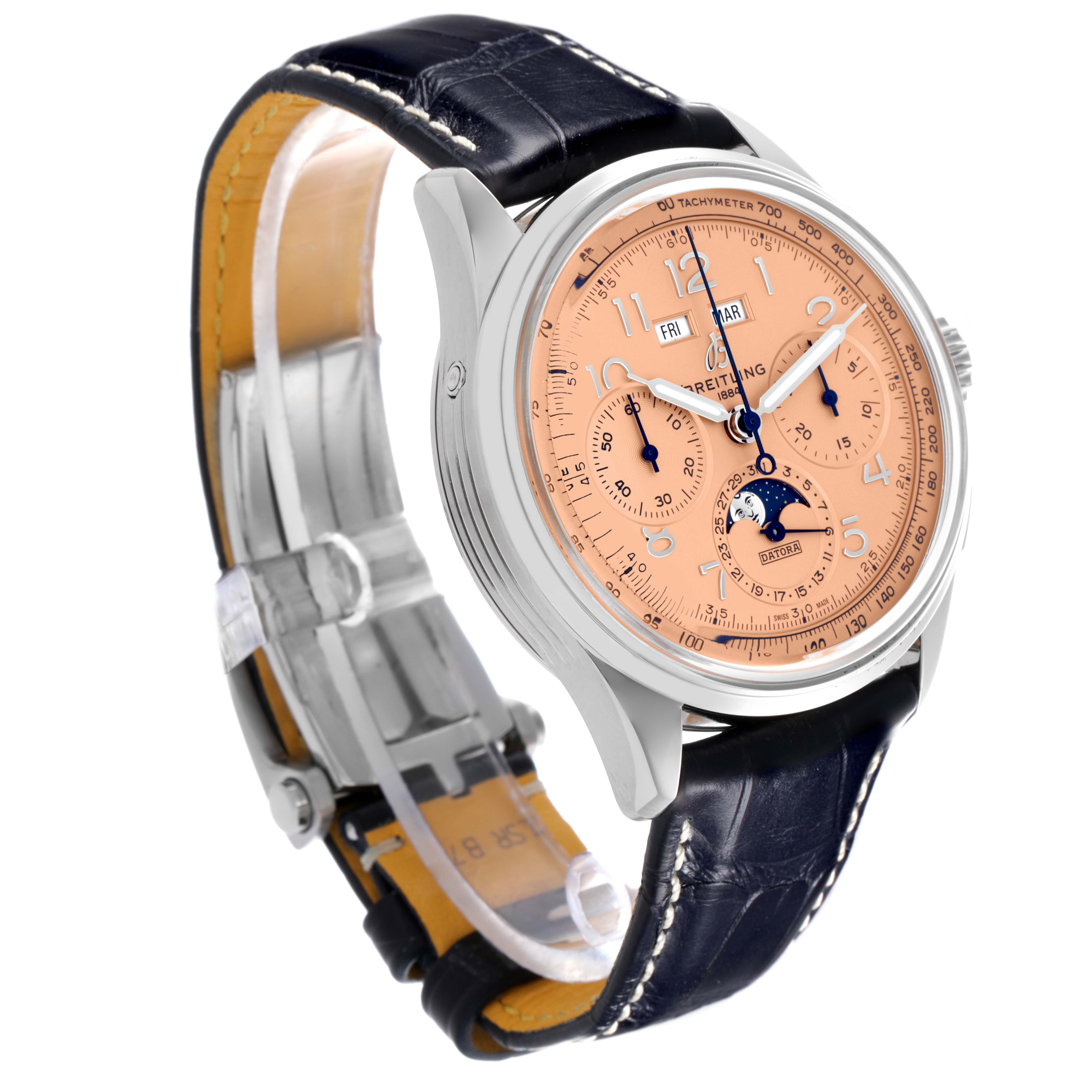 The Breitling Premier AB2510 Men's Stainless Steel Pink Dial AB2510 Men's Stainless Steel Pink Dial watch is shown at a three-quarter angle, displaying the dial, case, and strap.