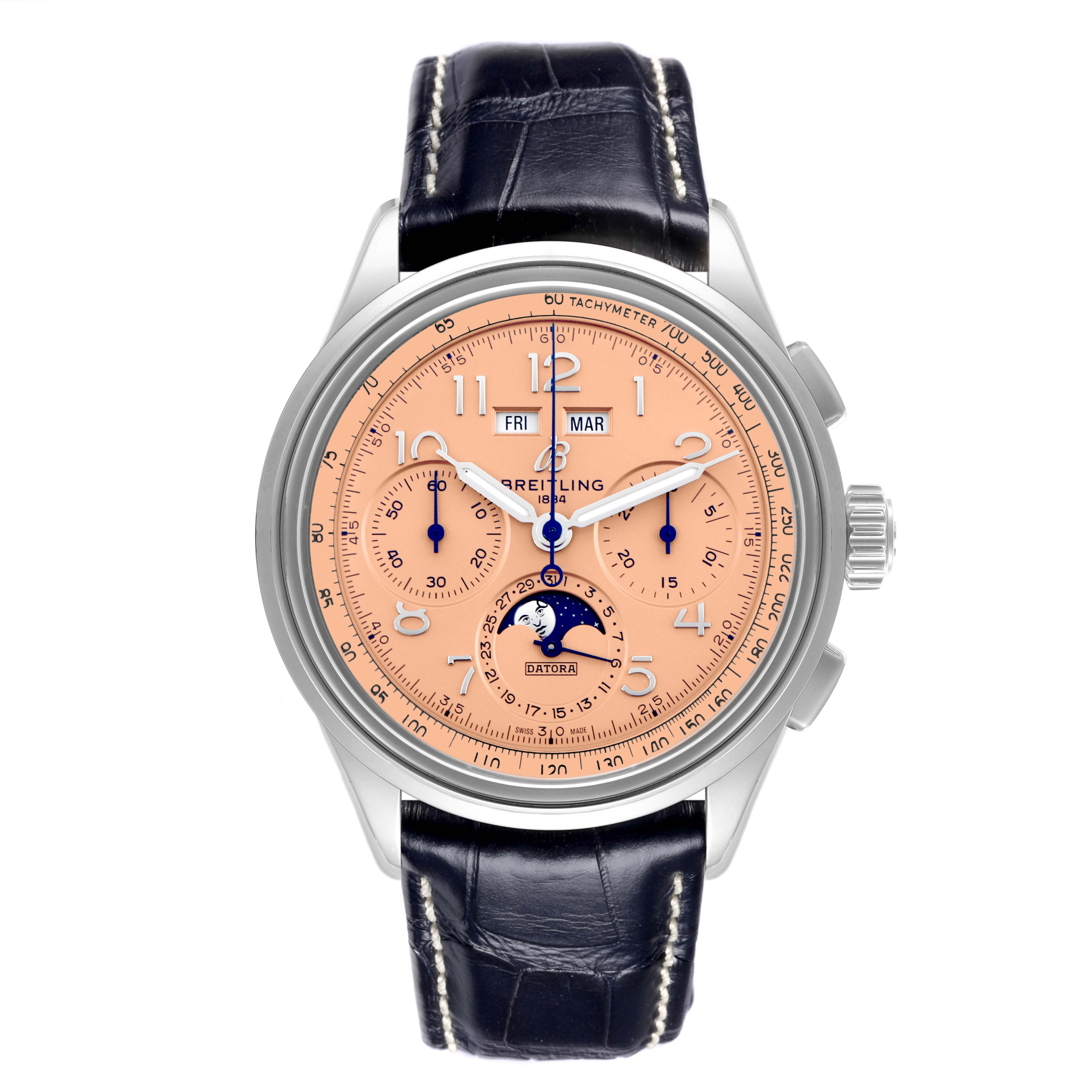 The Breitling Premier AB2510 Men's Stainless Steel Pink Dial AB2510 Men's Stainless Steel Pink Dial model watch is shown from the front, displaying the dial, subdials, and leather strap.