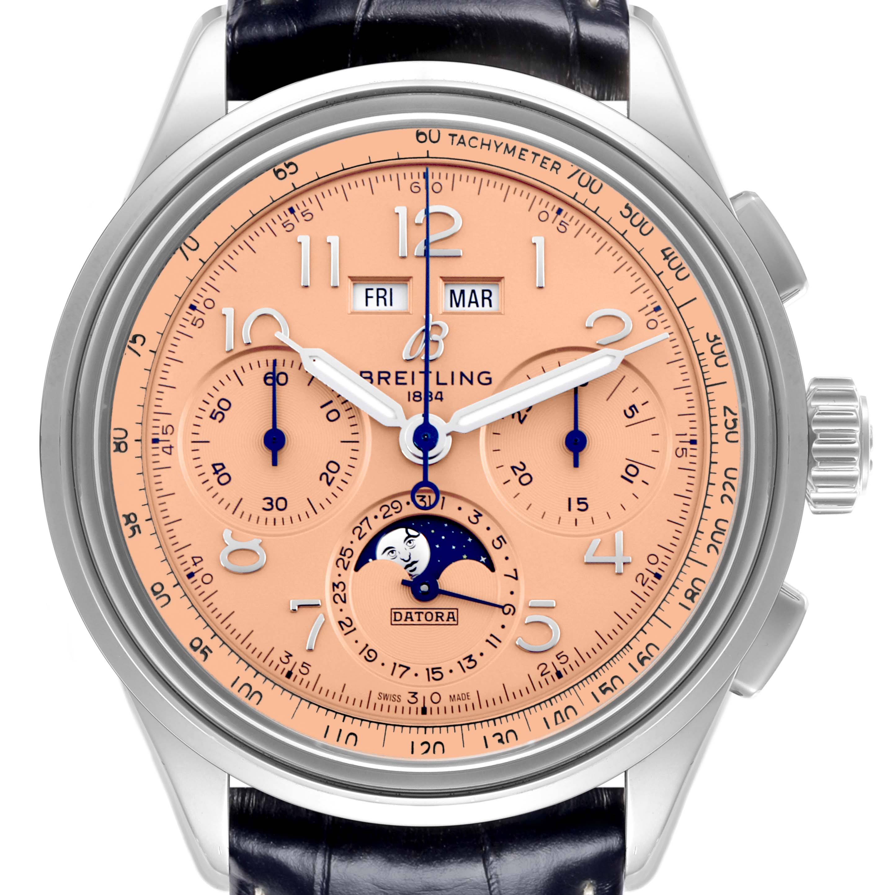 The Breitling Premier AB2510 Men's Stainless Steel Pink Dial AB2510 Men's Stainless Steel Pink Dial watch is shown from the front, displaying its face with subdials, day, month, and moon phase indicators.