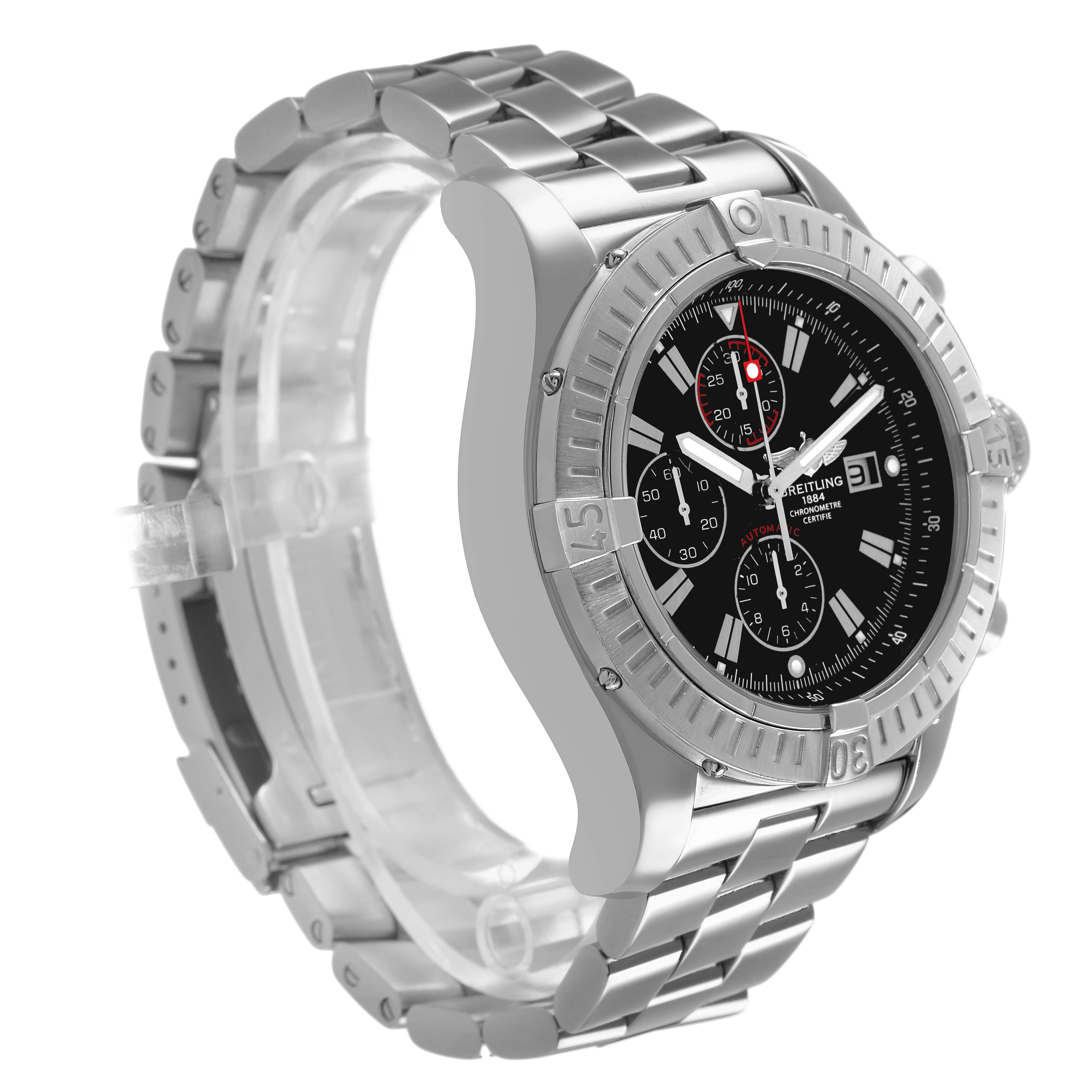 The Breitling Avenger A1337011 / B907 Men's Stainless Steel Black Dial watch is shown from a three-quarter angle, highlighting the bezel, dial, and metal bracelet.