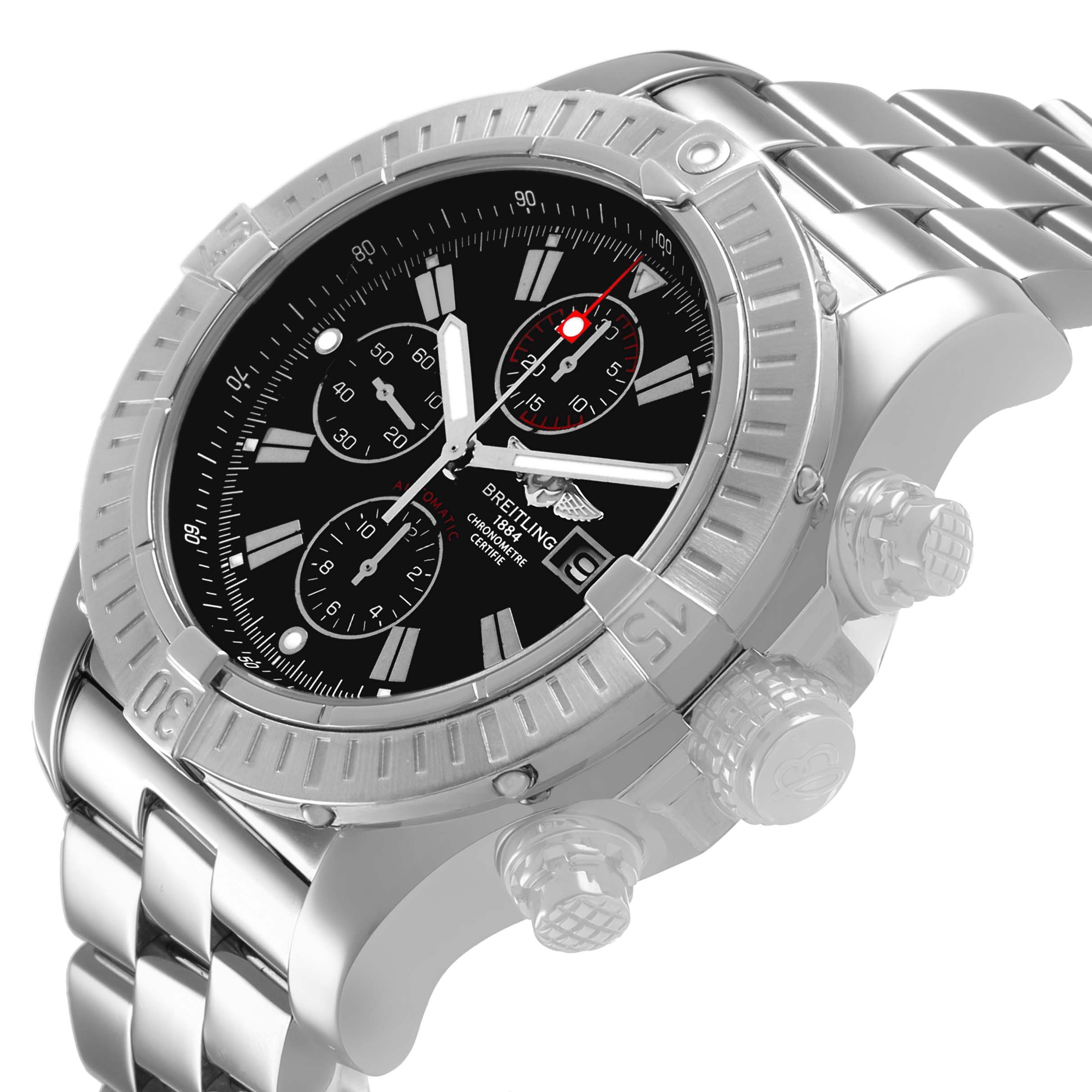 The Breitling Avenger A1337011 / B907 Men's Stainless Steel Black Dial watch is shown at a side angle, highlighting the bezel, dial, crown, pushers, and steel bracelet.