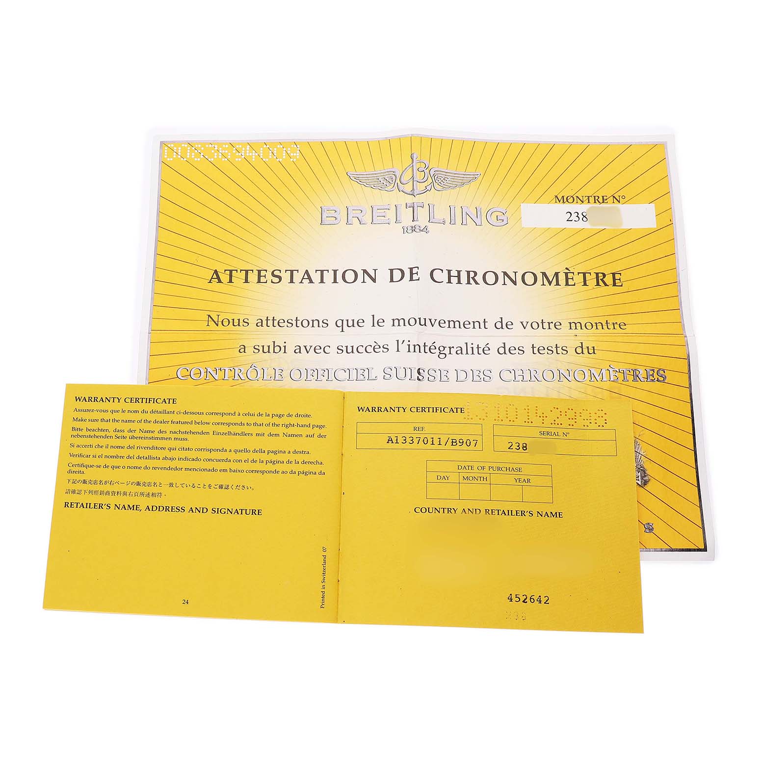 The image shows the warranty certificate and chronometer attestation documents for a Breitling Avenger A1337011 / B907 Men's Stainless Steel Black Dial watch.