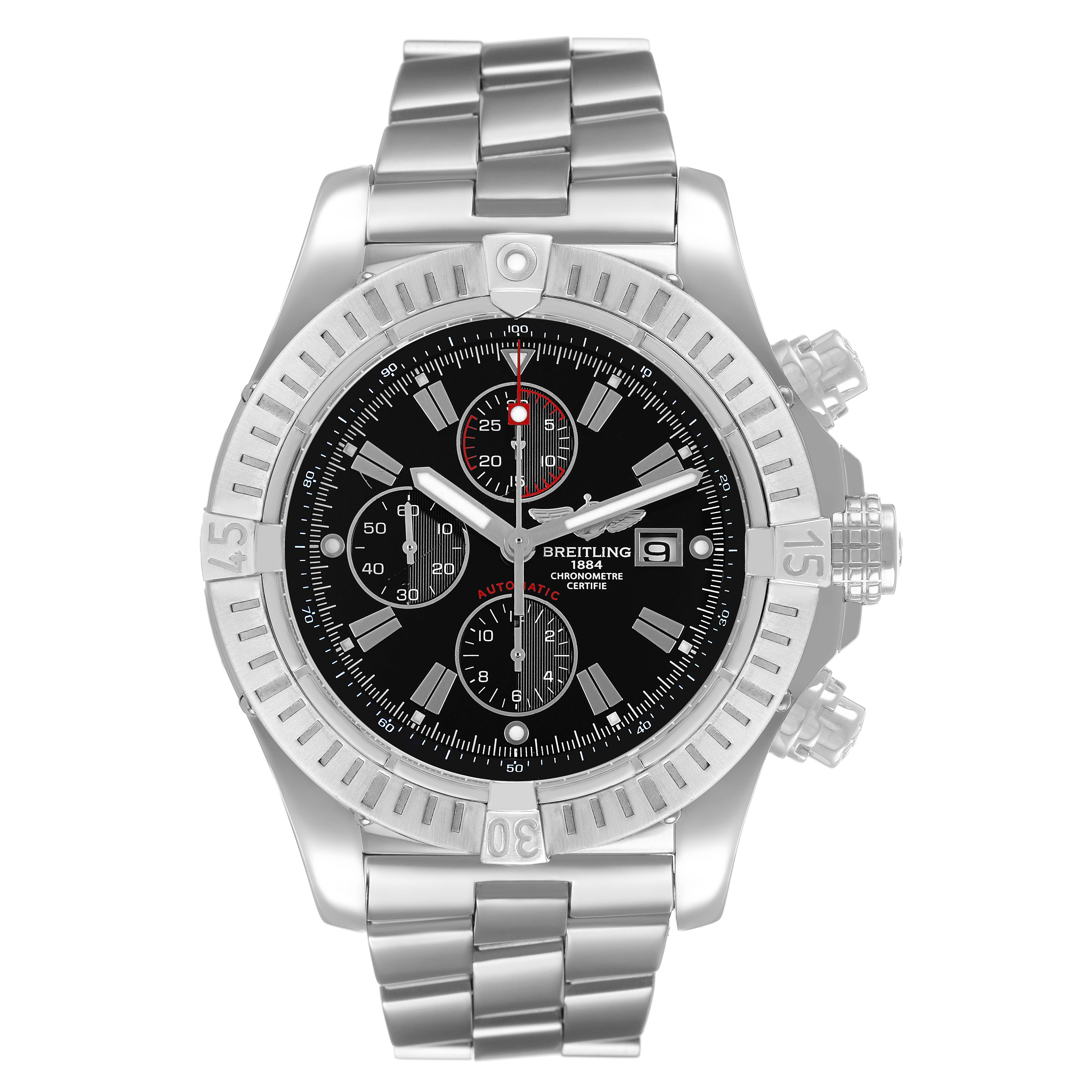 The Breitling Avenger A1337011 / B907 Men's Stainless Steel Black Dial watch is shown from a front view, featuring its bezel, dial, and stainless steel bracelet.