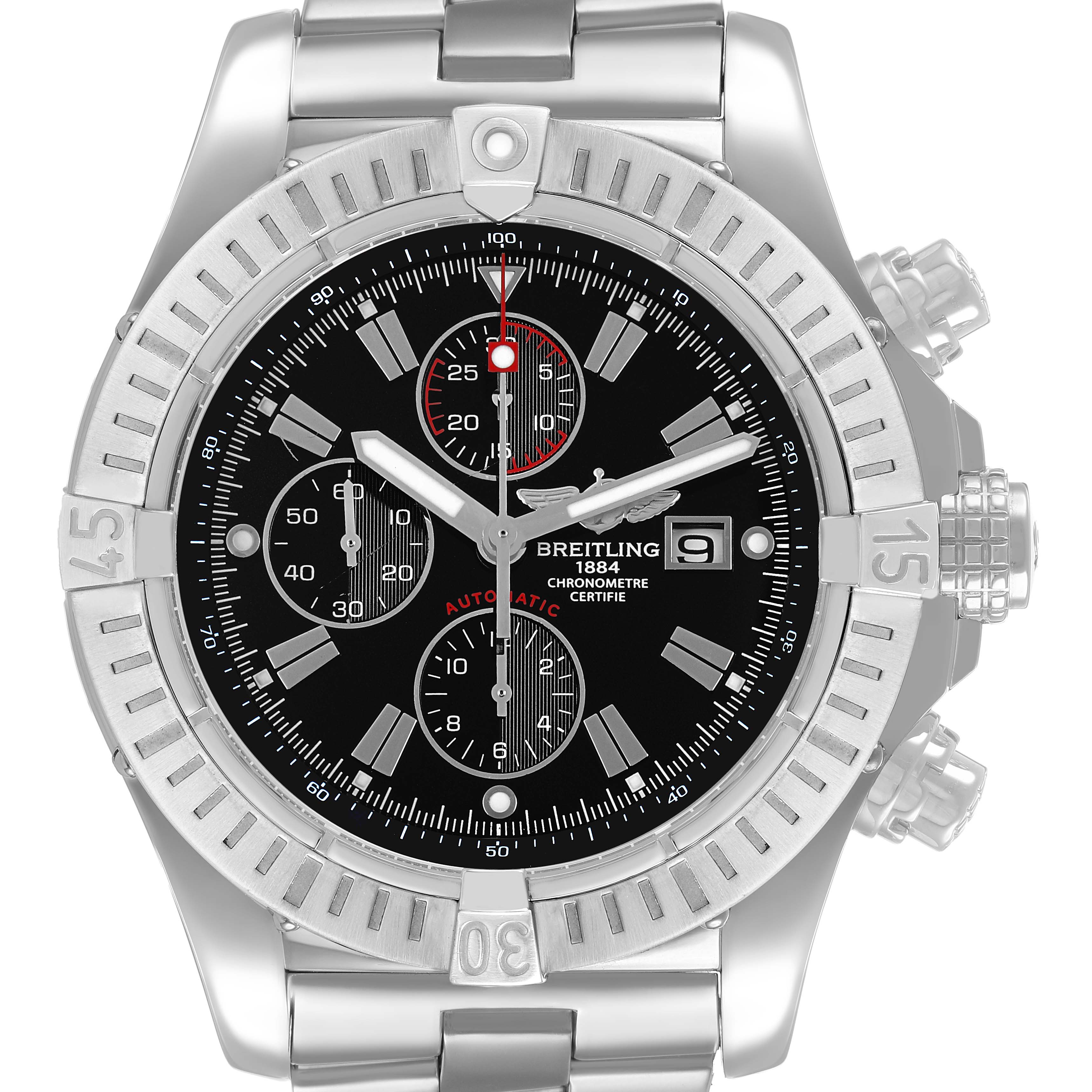 The Breitling Avenger A1337011 / B907 Men's Stainless Steel Black Dial watch is shown from a direct front angle, highlighting the face, bezel, crown, and bracelet.
