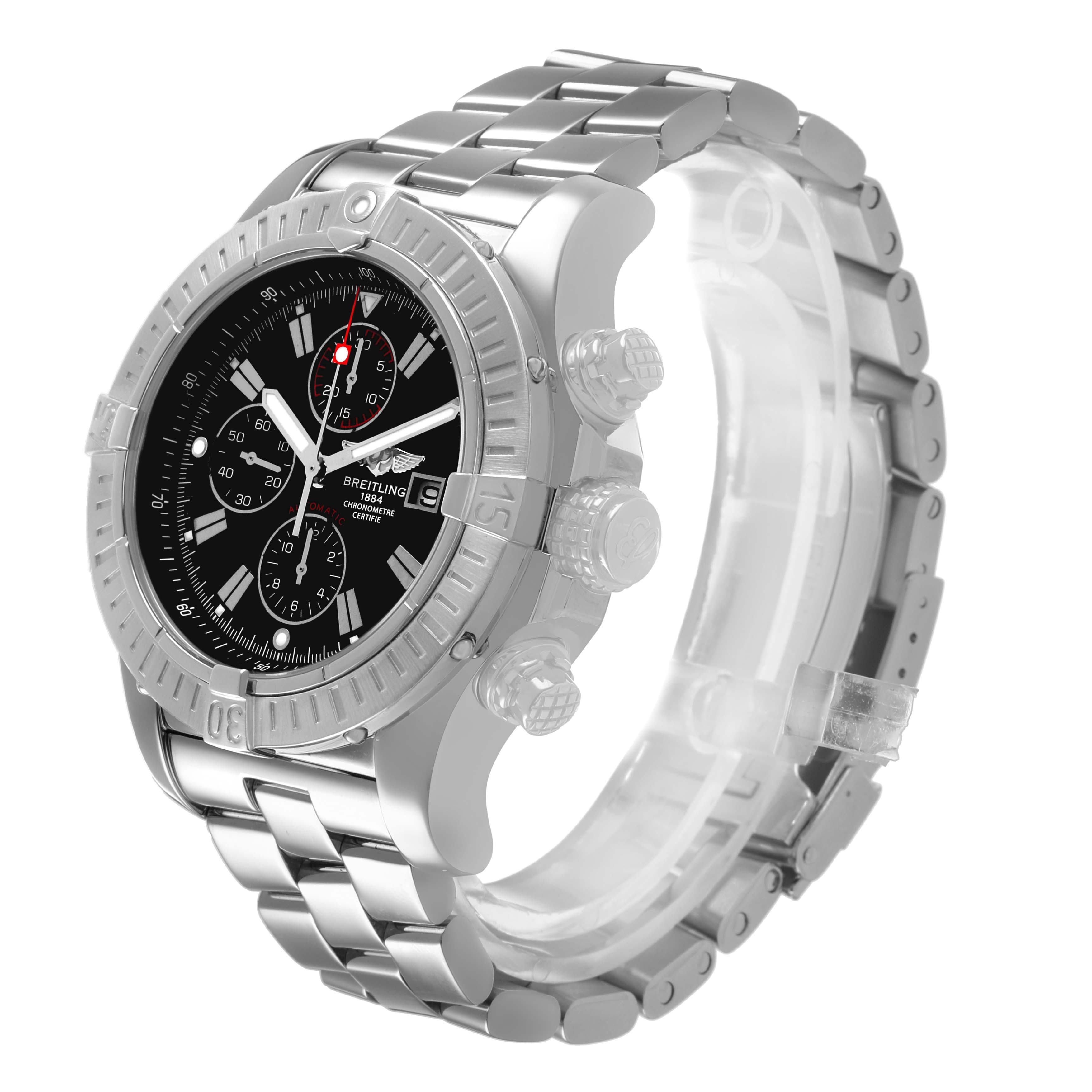 The Breitling Avenger A1337011 / B907 Men's Stainless Steel Black Dial watch is shown at a slight angle, highlighting the bezel, dial, and side pushers.
