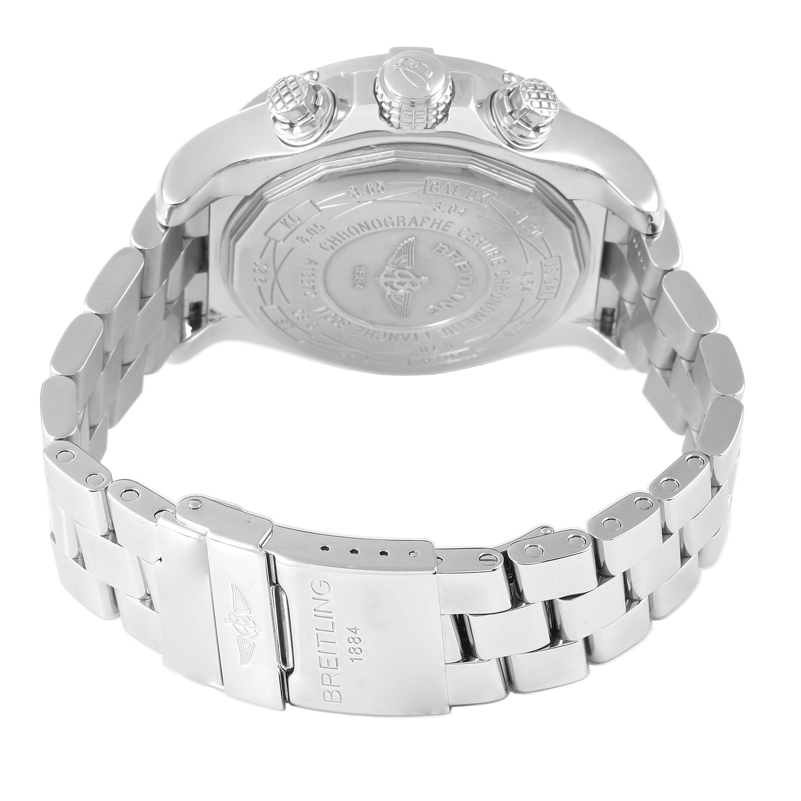 The image shows the back case, crown, buttons, and clasp of the Breitling Avenger A1337011 / B907 Men's Stainless Steel Black Dial watch, emphasizing its stainless steel band.