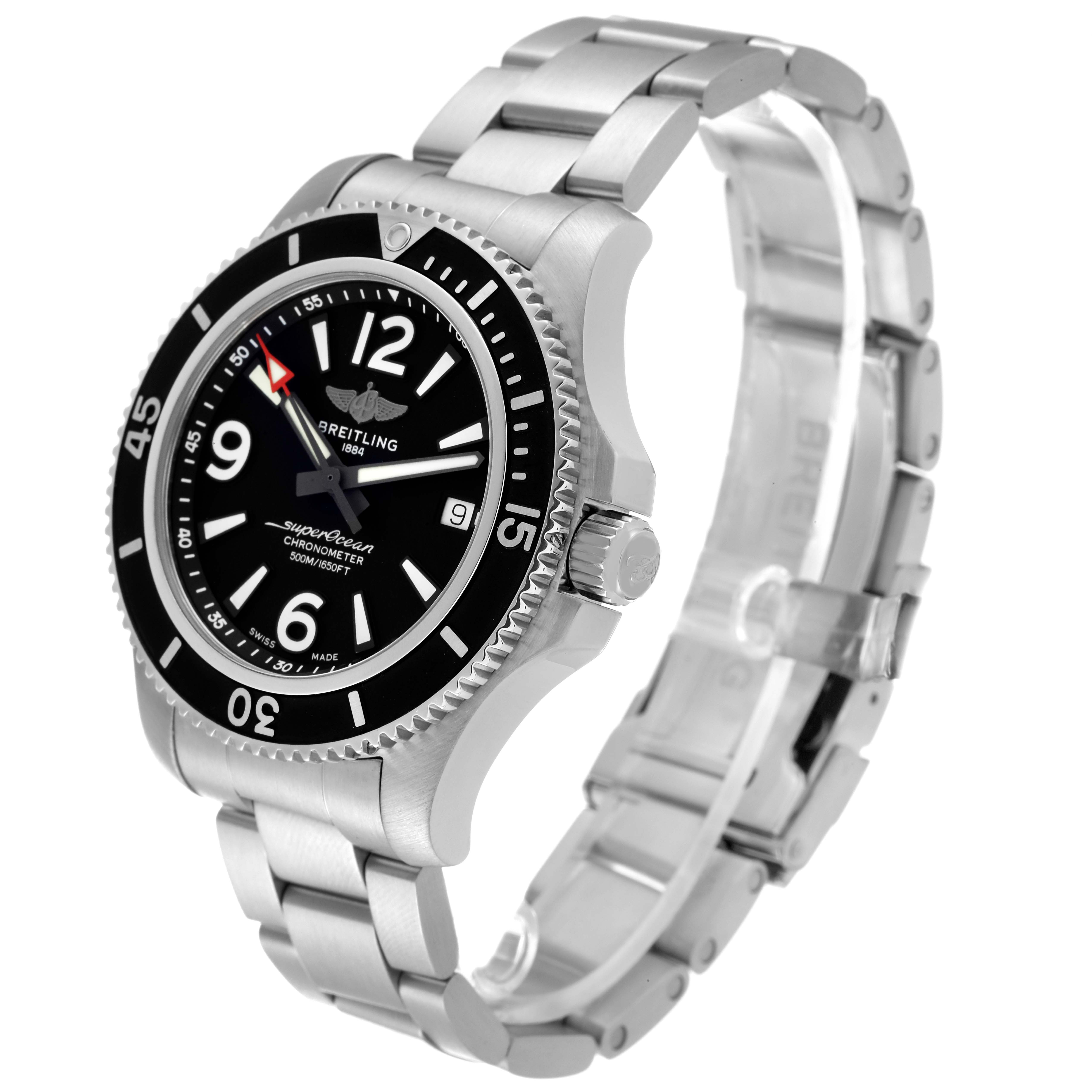 The Breitling Superocean A17366 Men's Stainless Steel Black Dial A17366 Men's Stainless Steel Black Dial watch is shown at a three-quarter angle, highlighting the bezel, dial, case, and bracelet.