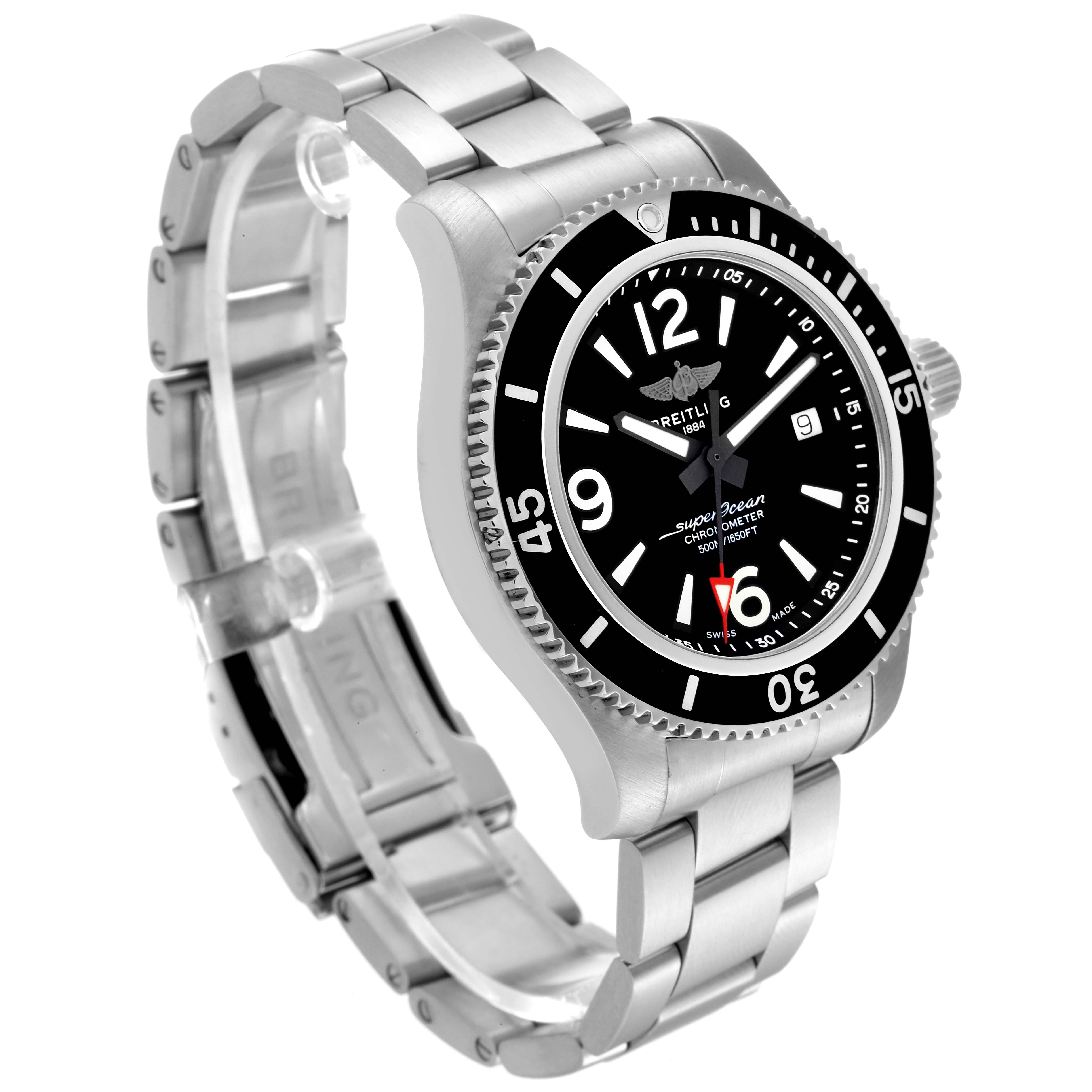 The image shows a Breitling Superocean A17366 Men's Stainless Steel Black Dial A17366 Men's Stainless Steel Black Dial watch angled to display the face, bezel, and metal bracelet.