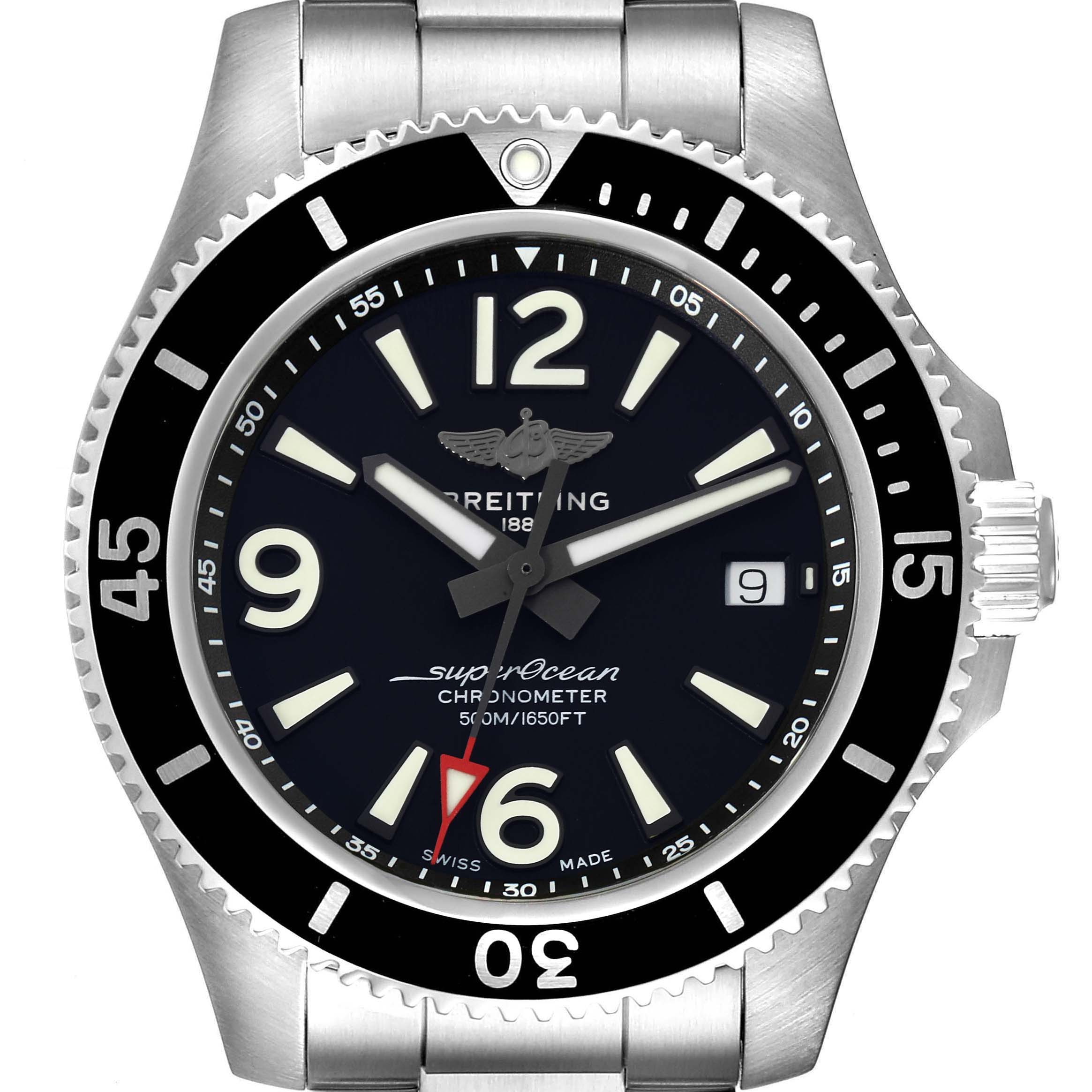 This image shows a front view of a Breitling Superocean A17366 Men's Stainless Steel Black Dial A17366 Men's Stainless Steel Black Dial watch, highlighting the dial, bezel, and part of the bracelet.