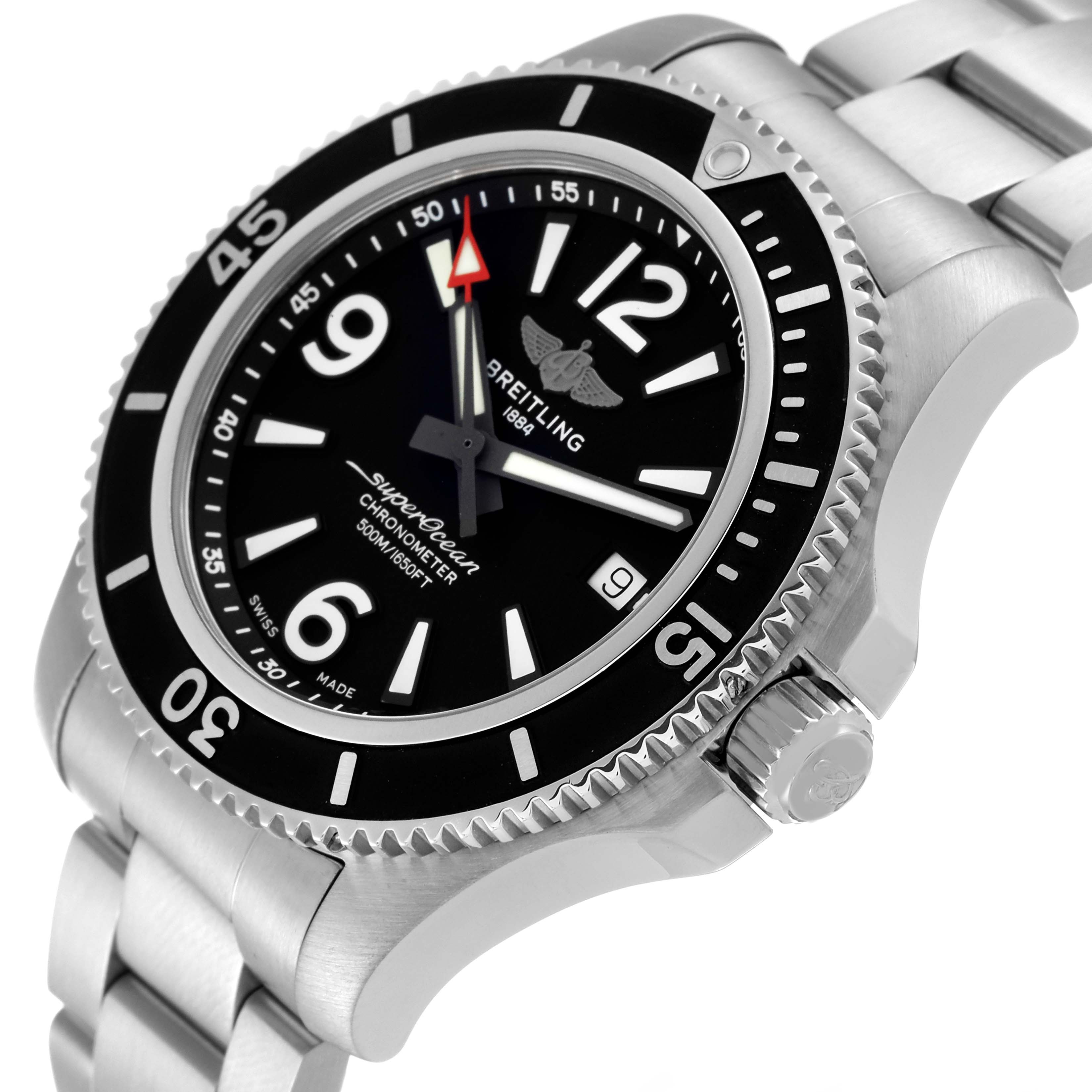 The image shows a side and partial front view of a Breitling Superocean A17366 Men's Stainless Steel Black Dial A17366 Men's Stainless Steel Black Dial watch, focusing on the dial and stainless steel bracelet.