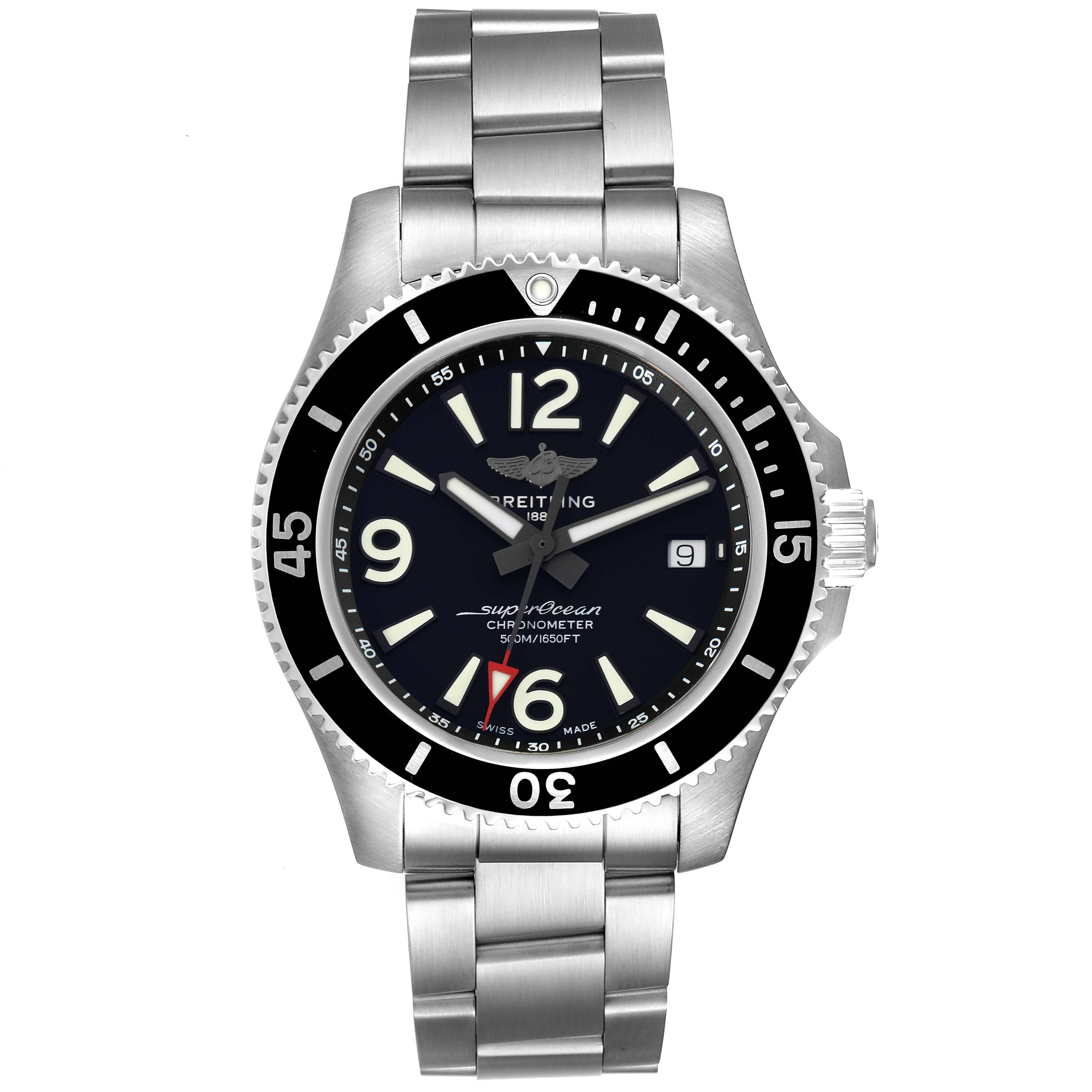 The Breitling Superocean A17366 Men's Stainless Steel Black Dial A17366 Men's Stainless Steel Black Dial watch is shown from the front, displaying its face, bezel, and stainless steel bracelet.