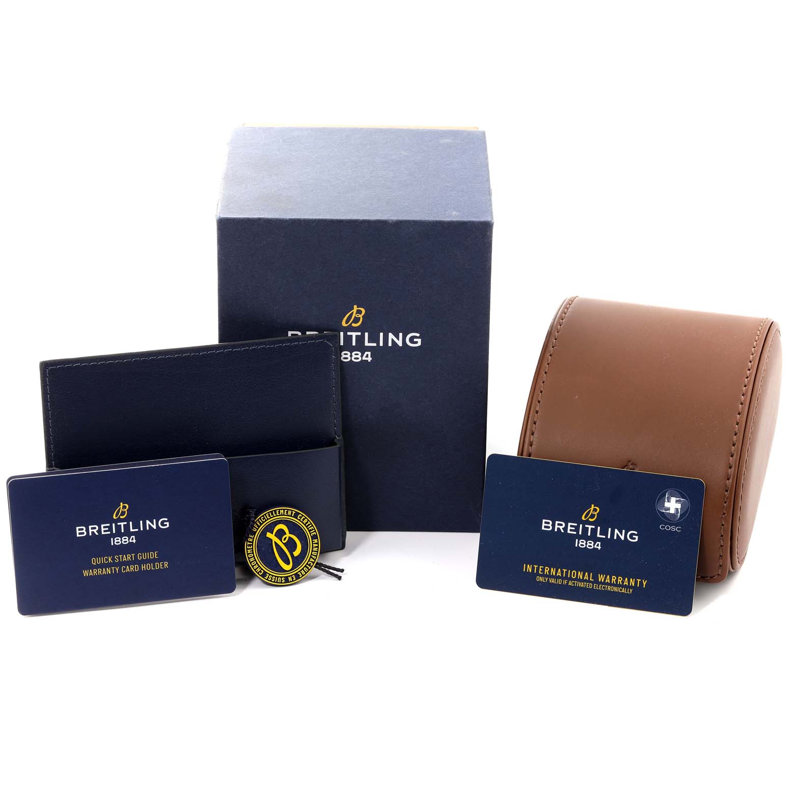 The image shows a Breitling Superocean A17366 Men's Stainless Steel Black Dial A17366 Men's Stainless Steel Black Dial watch box with a warranty card, holder, quick start guide, and a leather case.