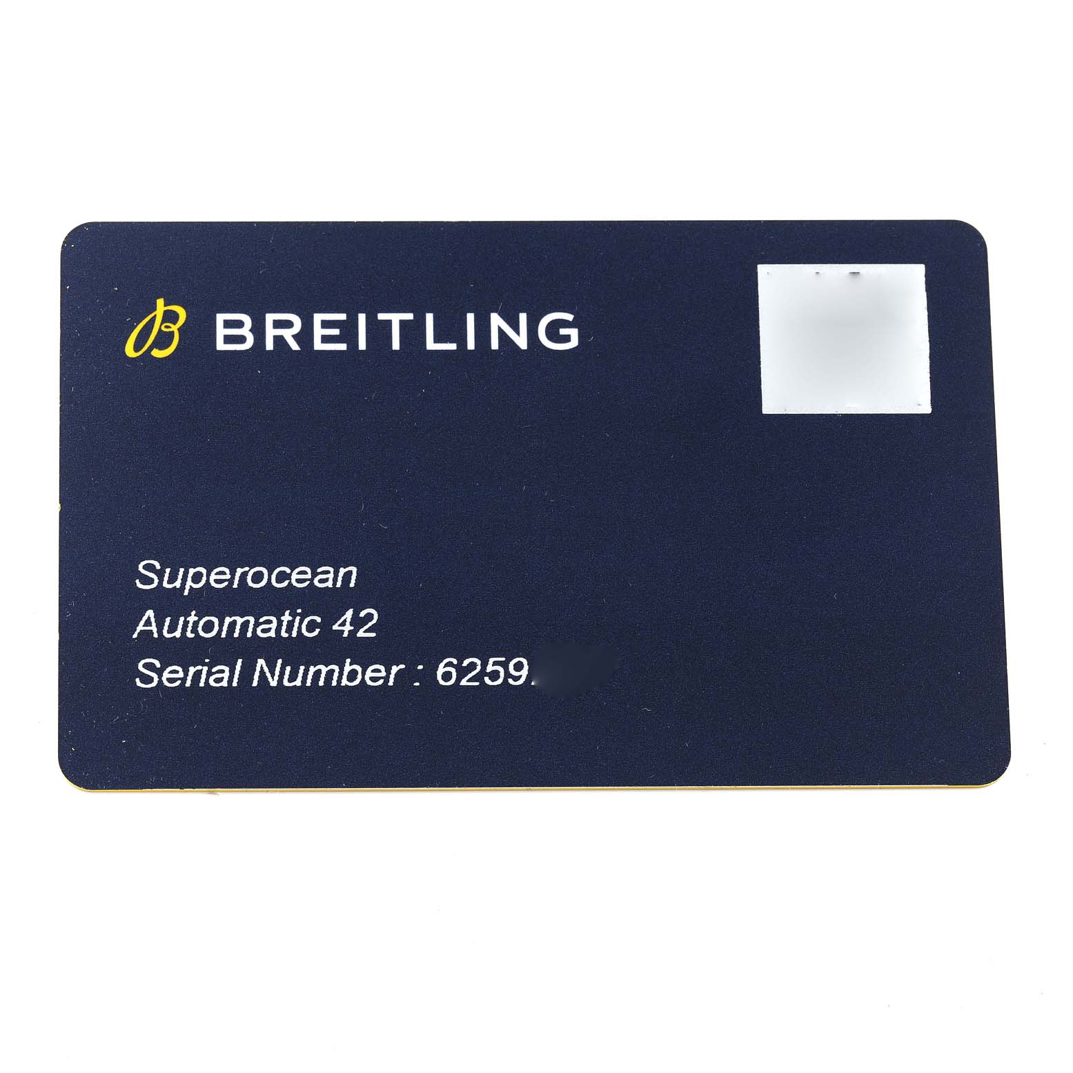 This image shows a Breitling Superocean A17366 Men's Stainless Steel Black Dial A17366 Men's Stainless Steel Black Dial watch identification card from a top-down angle.