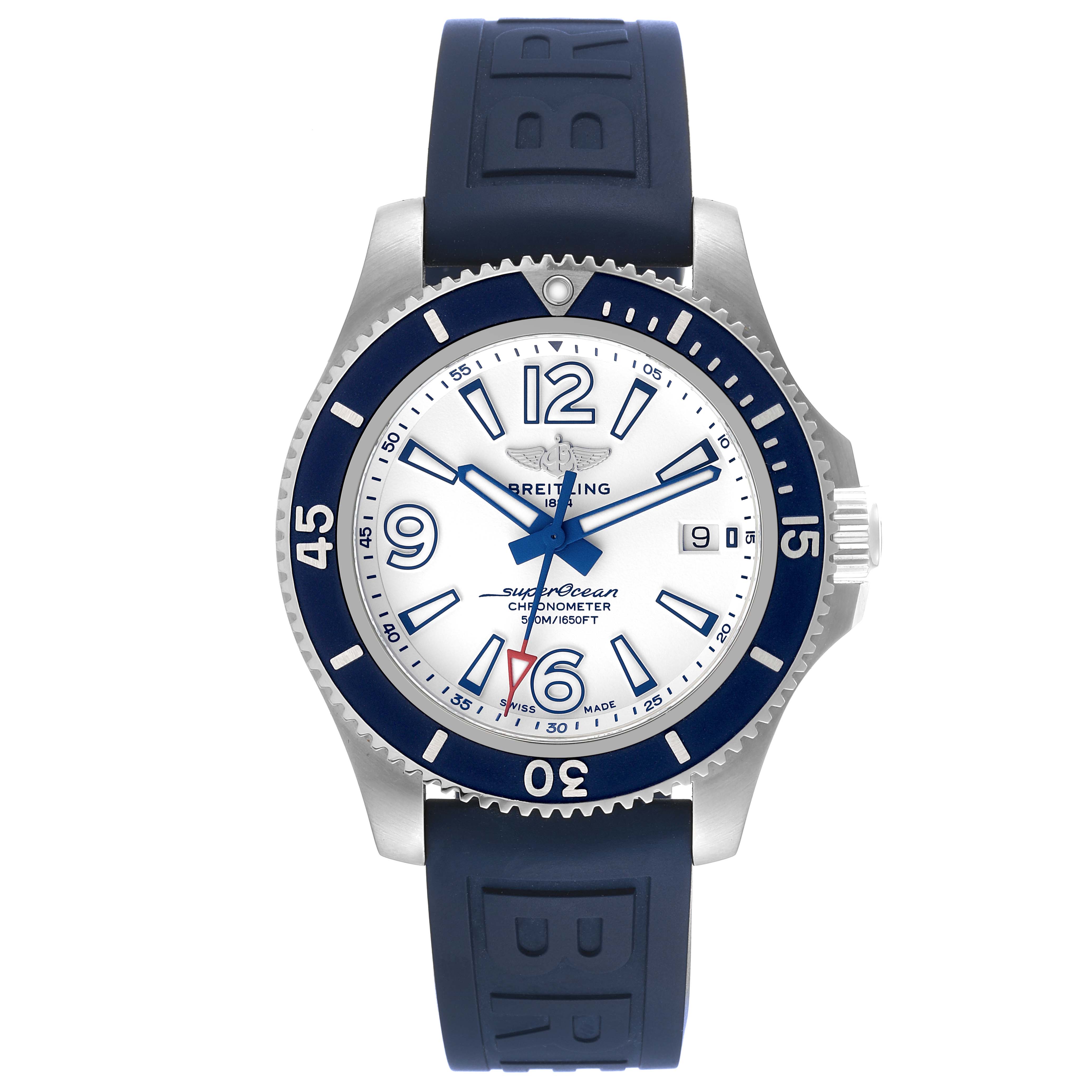 The image shows a front view of a Breitling Superocean A17366 Men's Stainless Steel White Dial A17366 Men's Stainless Steel White Dial watch, highlighting the dial, bezel, and strap.