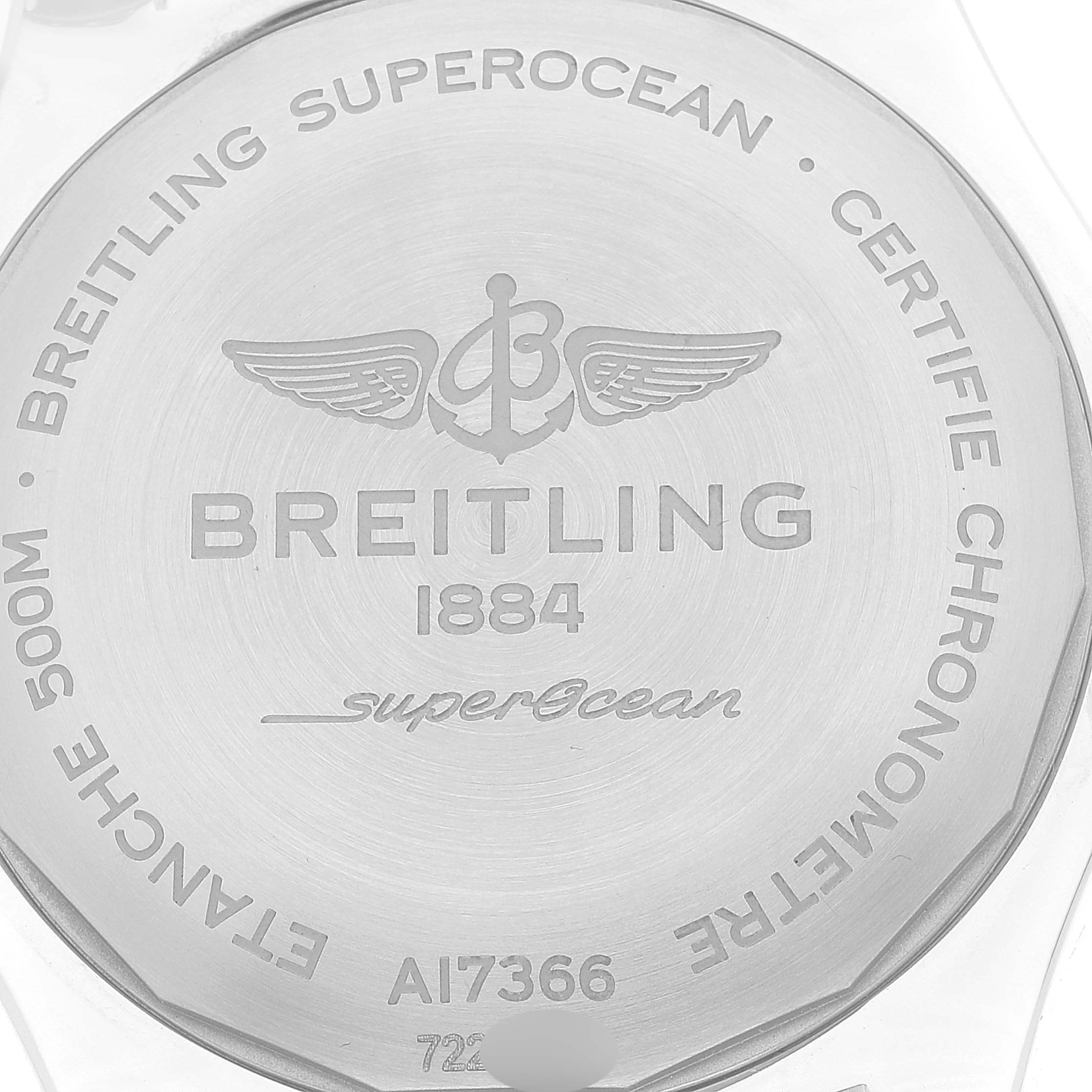 The image shows the back case of a Breitling Superocean A17366 Men's Stainless Steel White Dial A17366 Men's Stainless Steel White Dial watch, featuring engraved details and the model number.