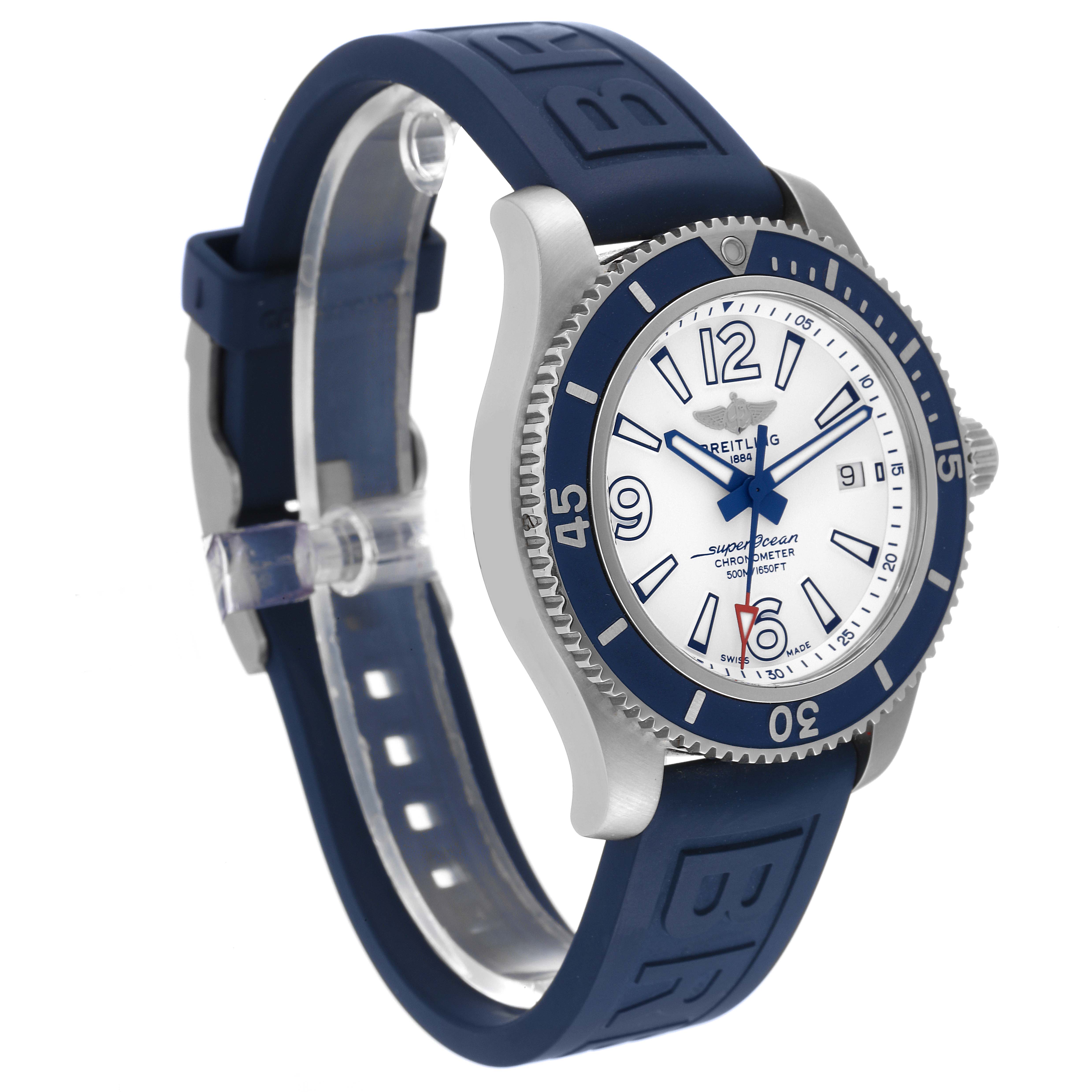 The image shows the Breitling Superocean A17366 Men's Stainless Steel White Dial A17366 Men's Stainless Steel White Dial watch at a three-quarter angle, highlighting the dial, bezel, and blue rubber strap.