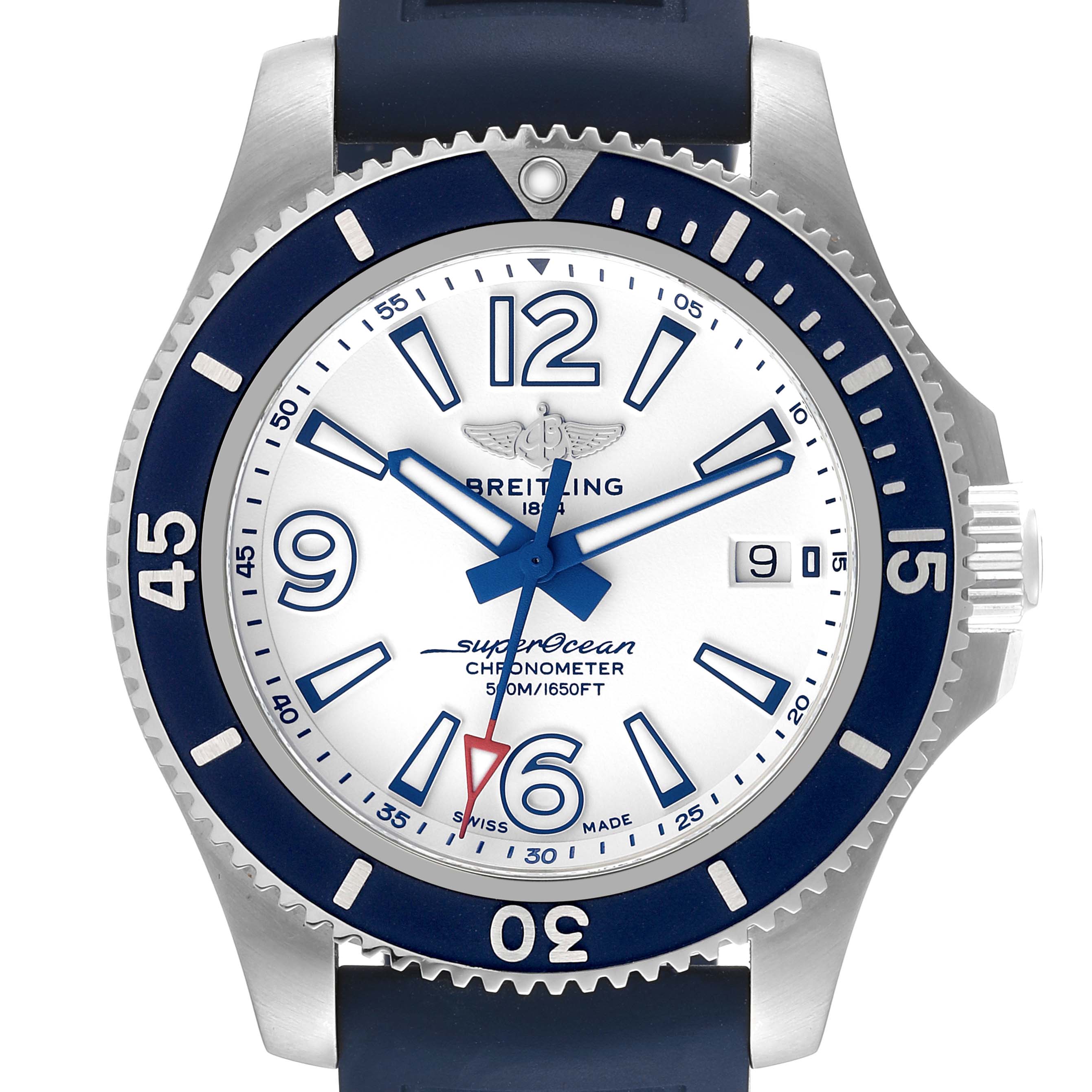 The image shows a front view of the Breitling Superocean A17366 Men's Stainless Steel White Dial A17366 Men's Stainless Steel White Dial watch, displaying the face, bezel, and strap.