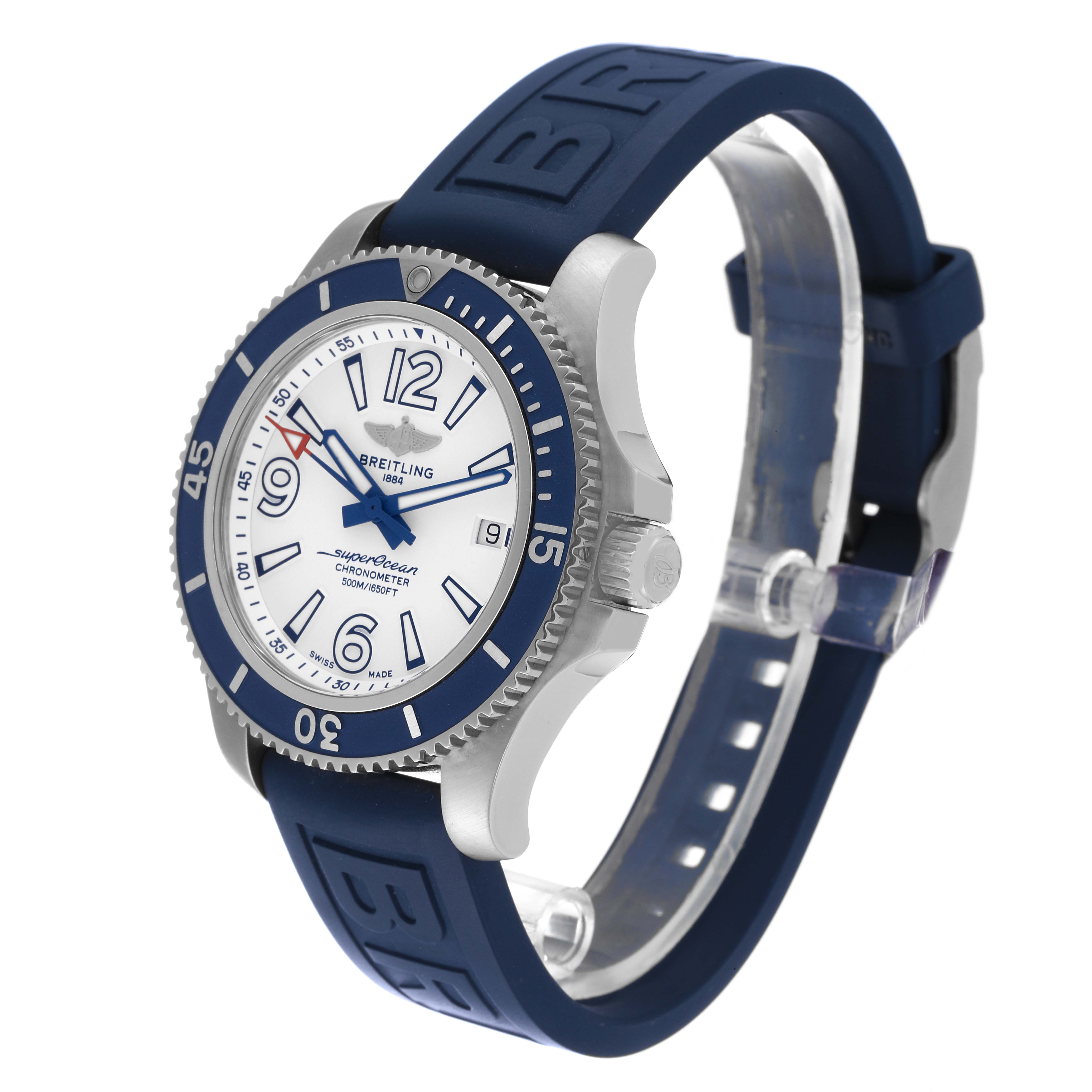 This image shows a Breitling Superocean A17366 Men's Stainless Steel White Dial A17366 Men's Stainless Steel White Dial watch at a 3/4 angle, highlighting its face, bezel, and blue rubber strap.