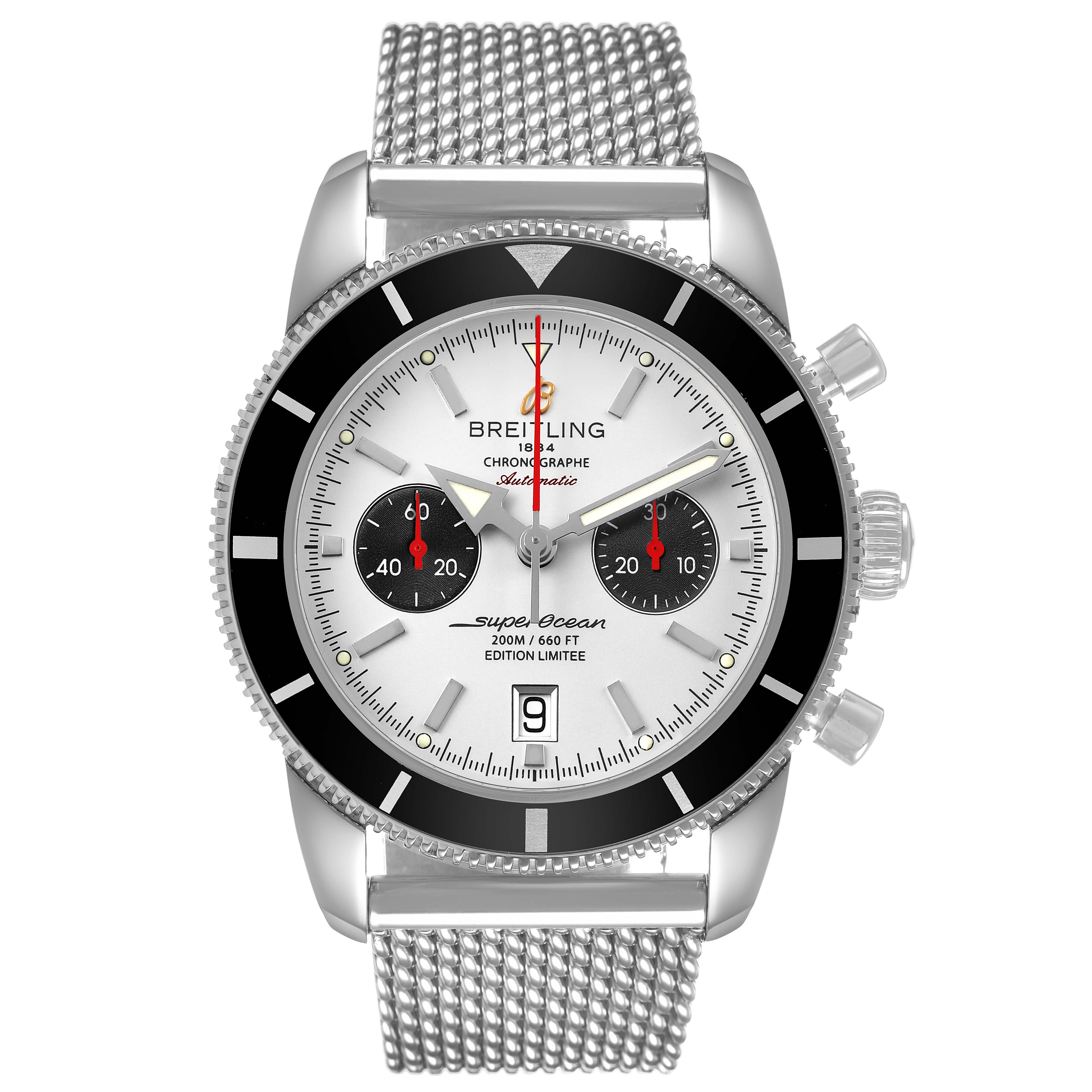 The Breitling Superocean A23320 Men's Stainless Steel Silver Dial watch is shown from a top-down angle, highlighting the face, bezel, and mesh bracelet.