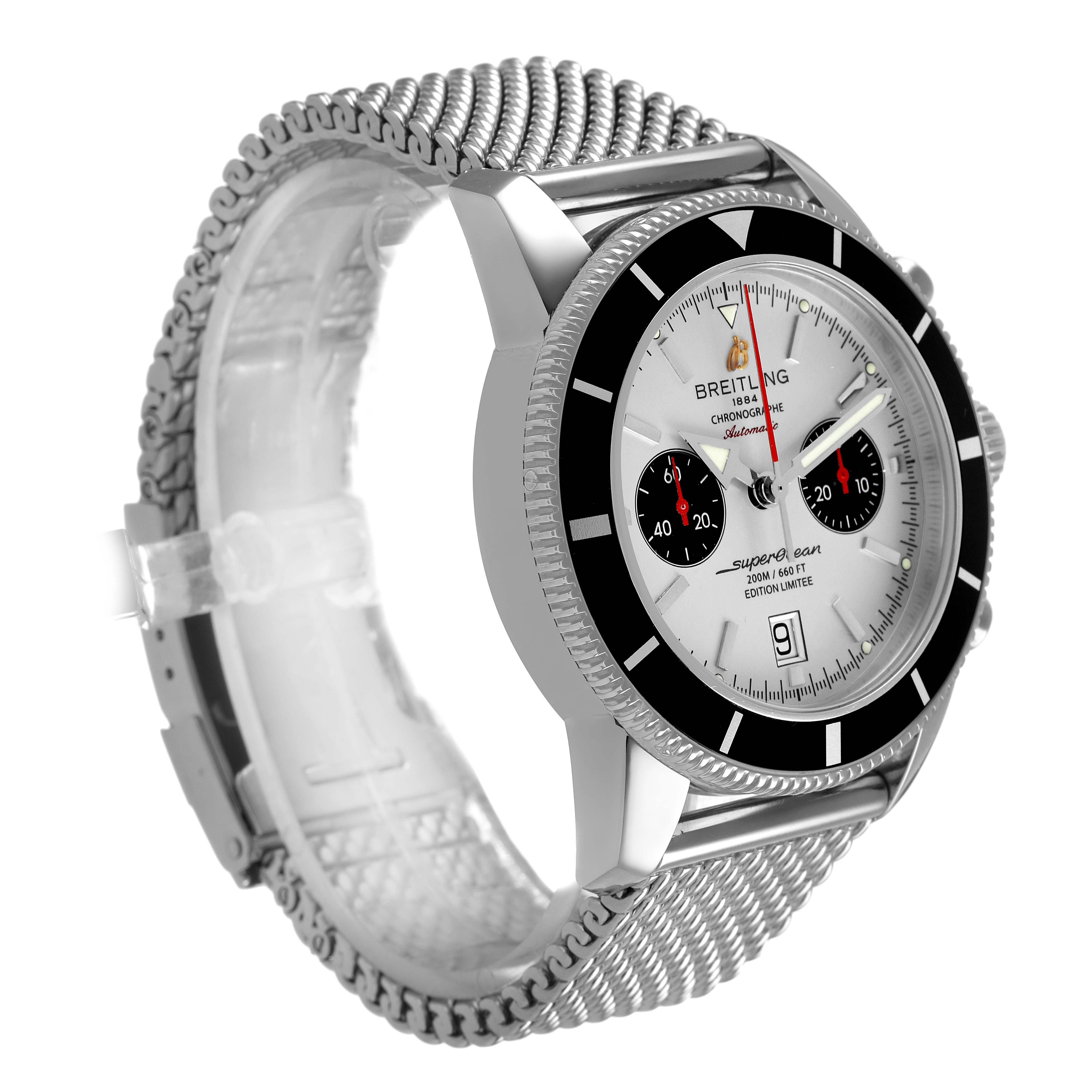 The Breitling Superocean A23320 Men's Stainless Steel Silver Dial watch is shown from a top angle, displaying its face, bezel, and bracelet with a clear view of the dial details.