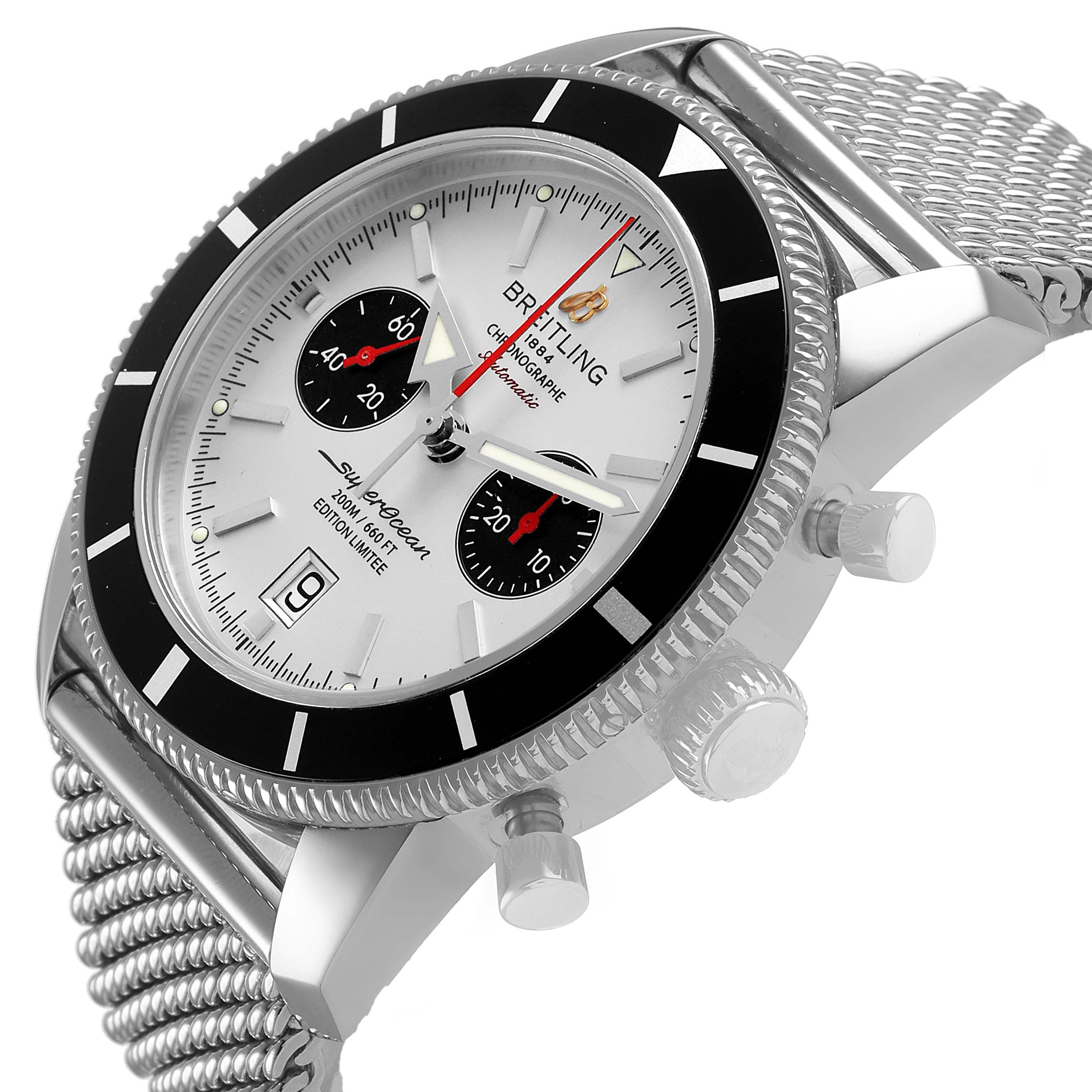 The Breitling Superocean A23320 Men's Stainless Steel Silver Dial watch is shown at an angle displaying the face, bezel, crown, pushers, and mesh bracelet.