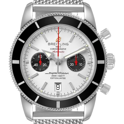 The Breitling Superocean A23320 Men's Stainless Steel Silver Dial watch is shown from the front, highlighting the dial, bezel, subdials, crown, and mesh bracelet.