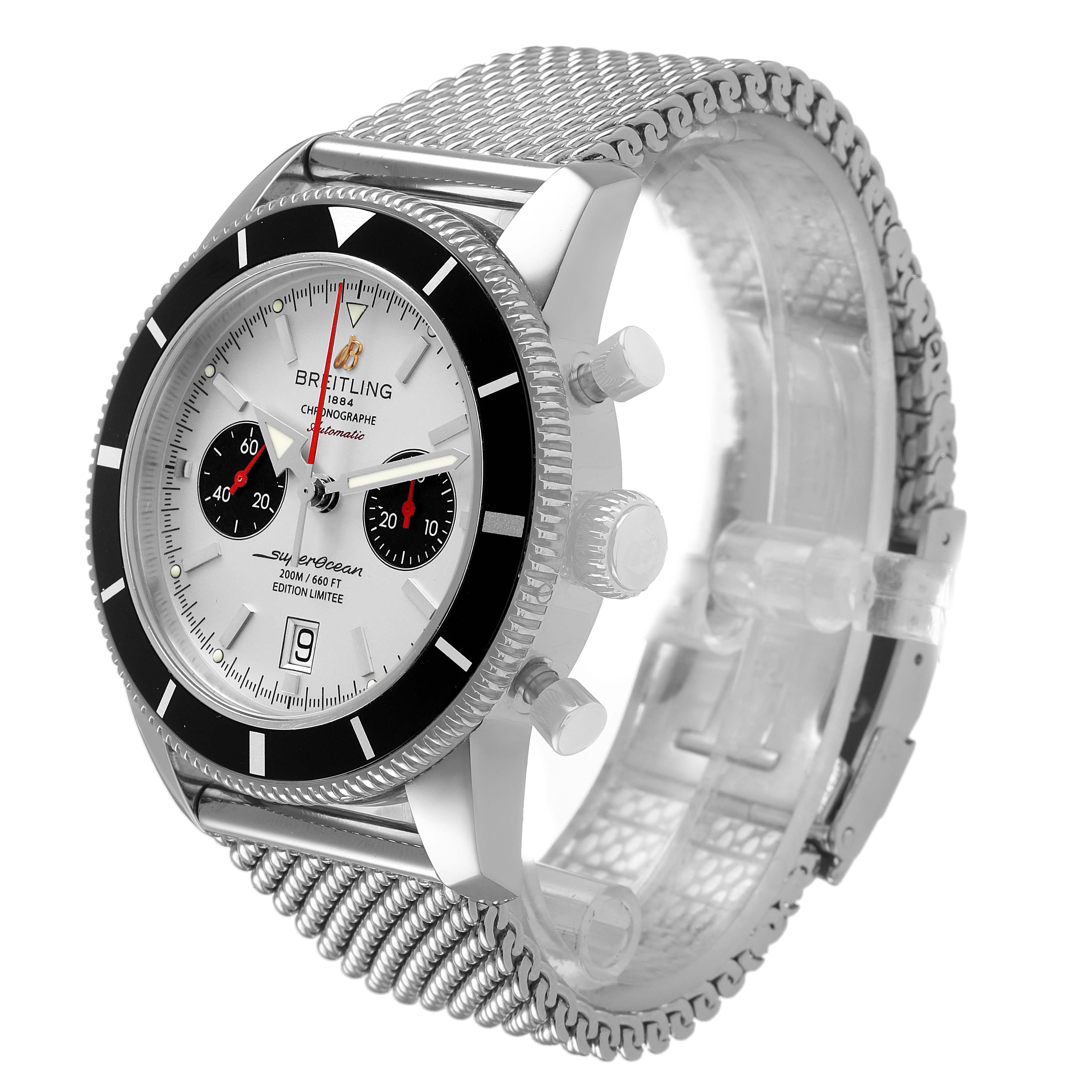 The Breitling Superocean A23320 Men's Stainless Steel Silver Dial watch is shown from a three-quarter angle, highlighting the dial, bezel, crown, and mesh strap.