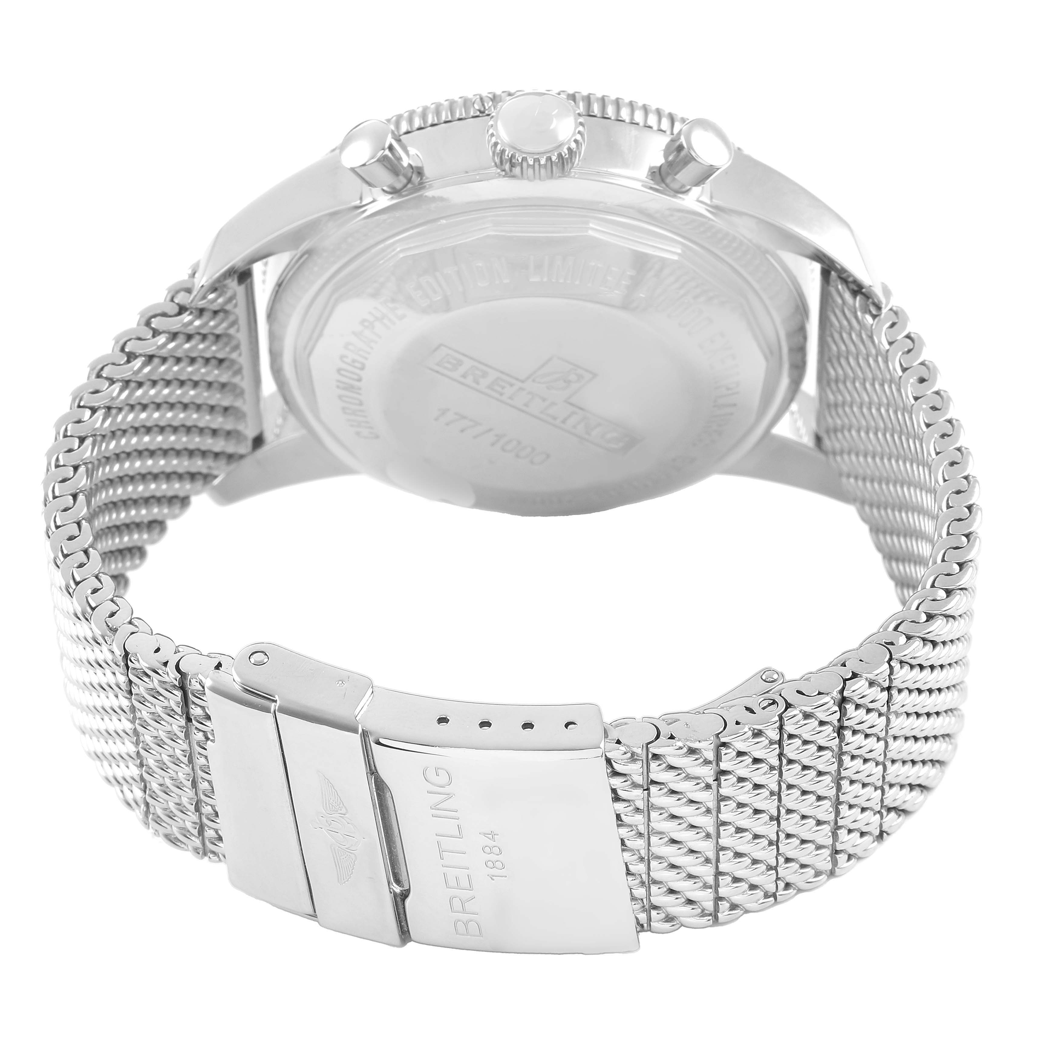 The Breitling Superocean A23320 Men's Stainless Steel Silver Dial watch is shown from the back, highlighting the case, crown, pushers, and metal mesh bracelet with a clasp.