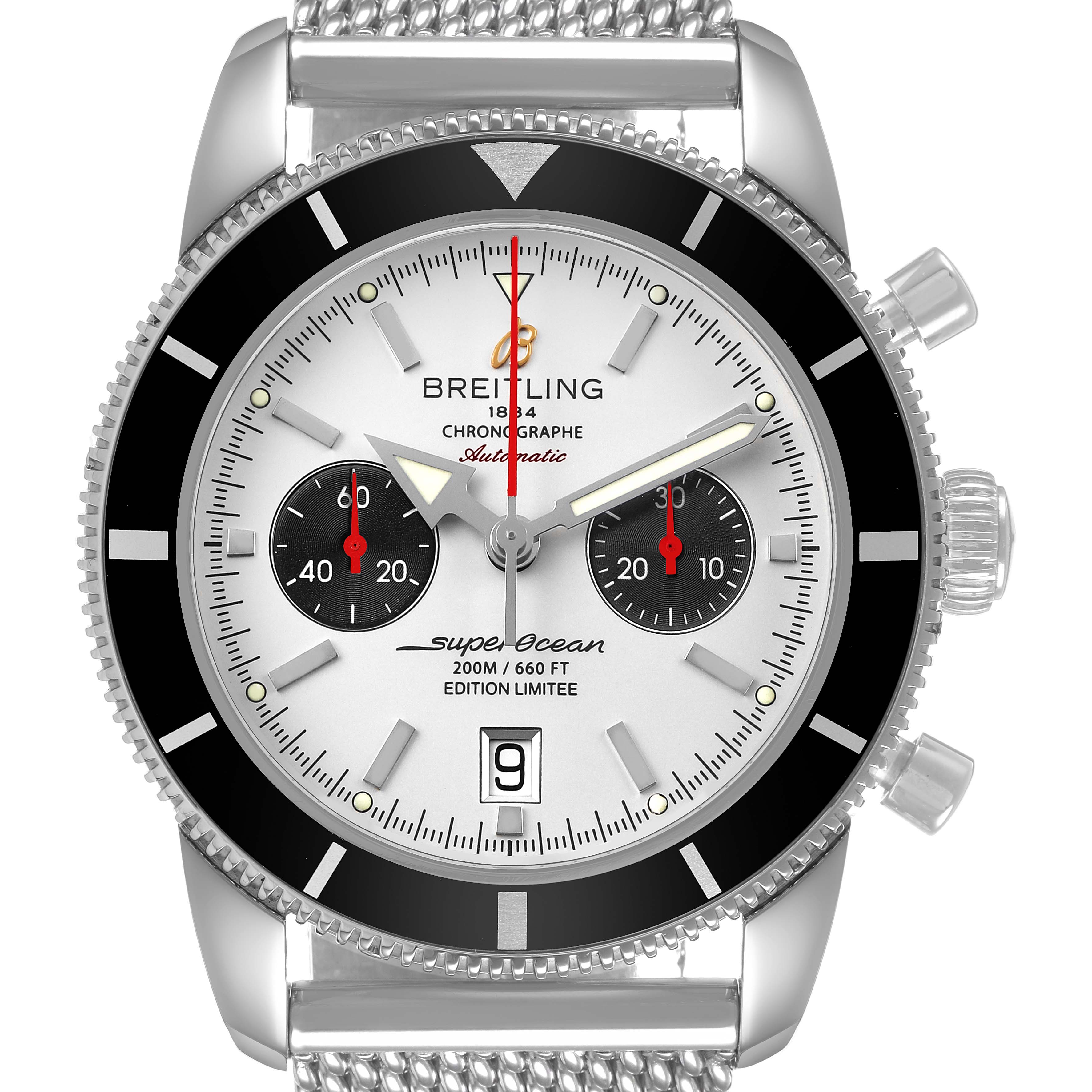 The Breitling Superocean A23320 Men's Stainless Steel Silver Dial watch is shown from the front, displaying its dial, bezel, crown, and part of the strap.