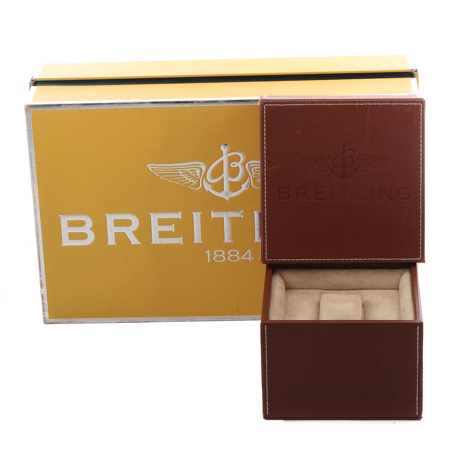 The image shows a Breitling Transocean RB0152 Men's Rose Gold Silver Dial RB0152 Men's Rose Gold Silver Dial watch box and outer packaging from a front angle.