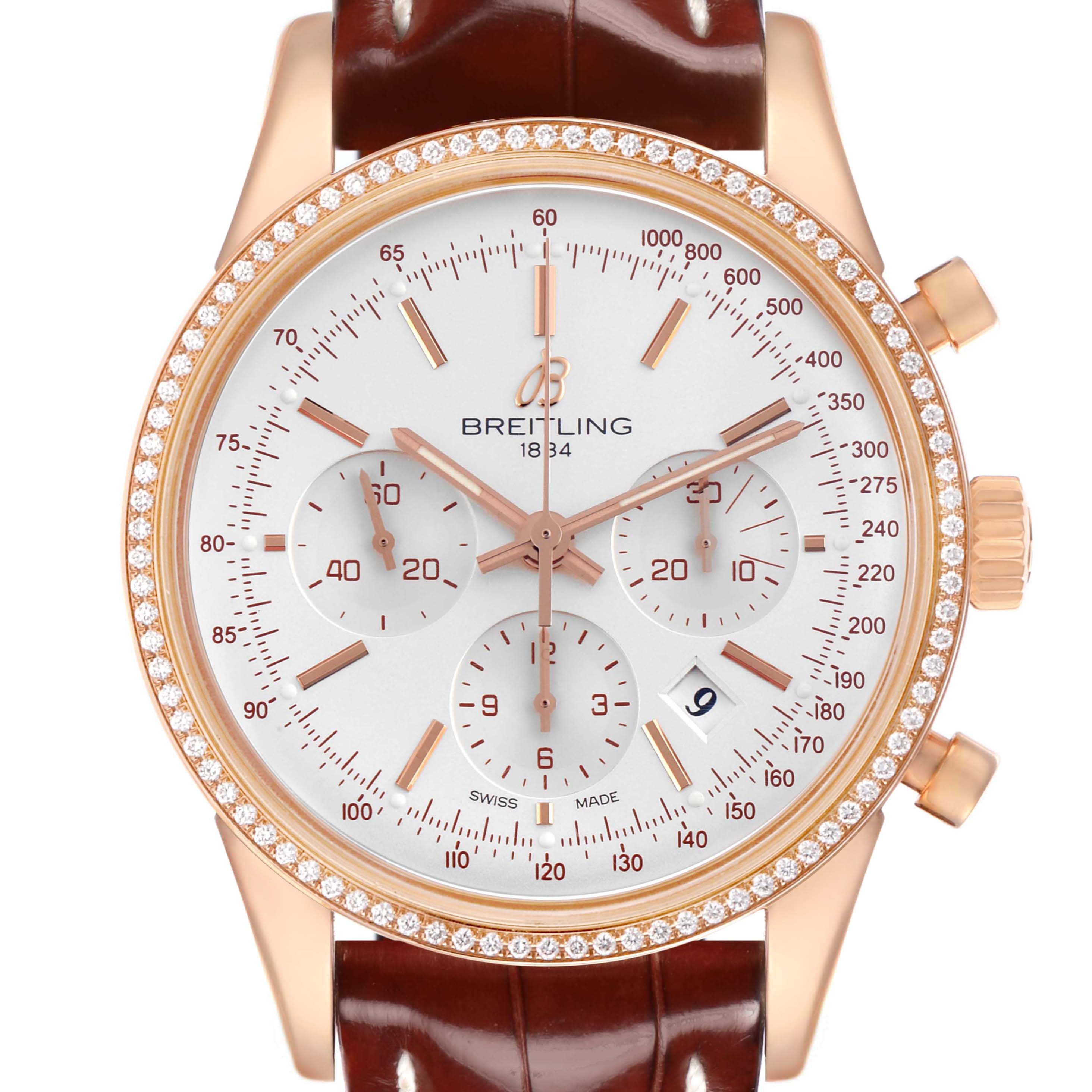The Breitling Transocean RB0152 Men's Rose Gold Silver Dial watch is shown from the front, highlighting its dial, chronograph subdials, and diamond-set bezel.