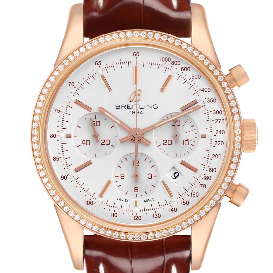 The Breitling Transocean RB0152 Men's Rose Gold Silver Dial watch is shown from the front, highlighting its dial, chronograph subdials, and diamond-set bezel.