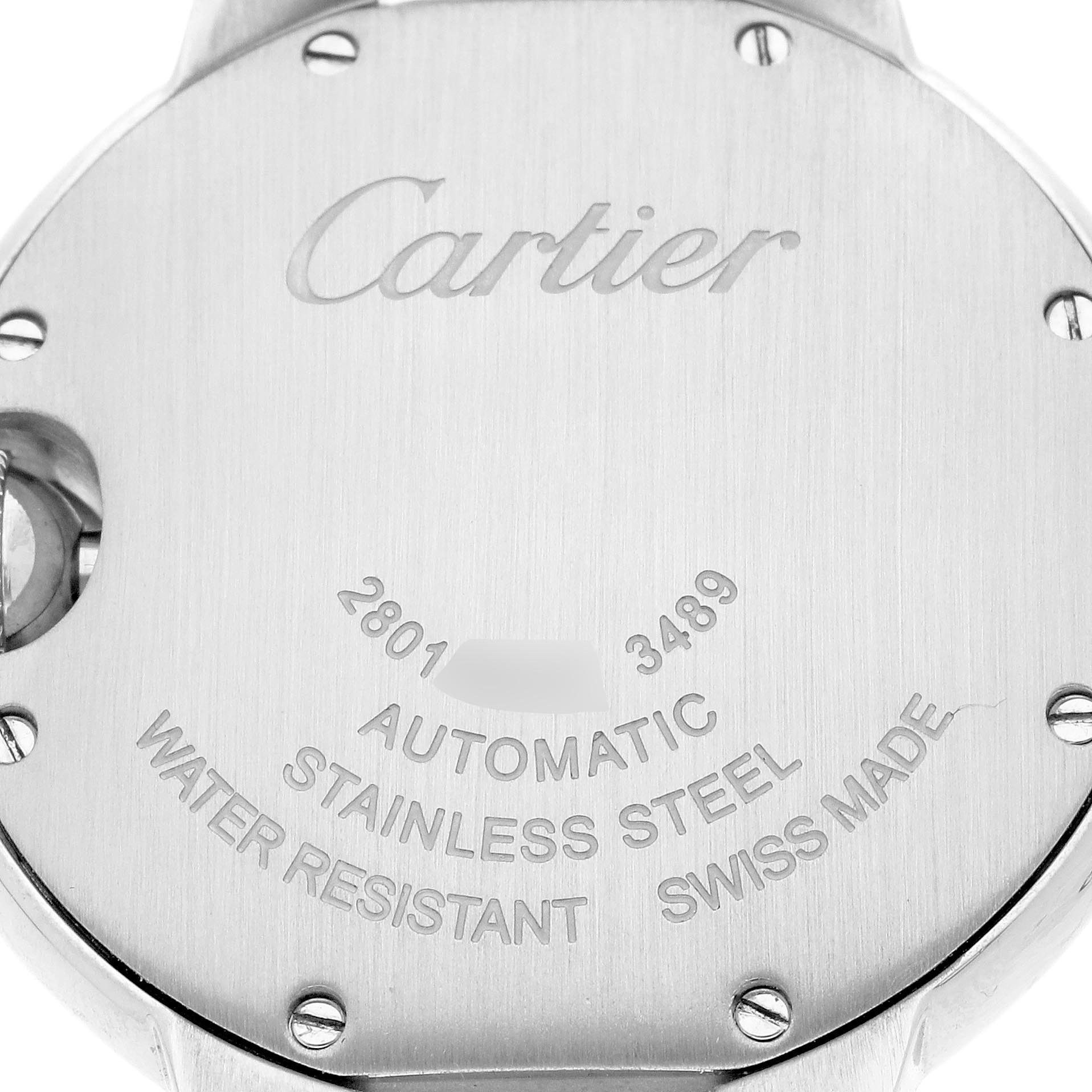 The image shows the back case of a Cartier Ballon Bleu WSBB0002 Women's Stainless Steel Pink Dial WSBB0002 Women's Stainless Steel Pink Dial, highlighting engravings with specifications.