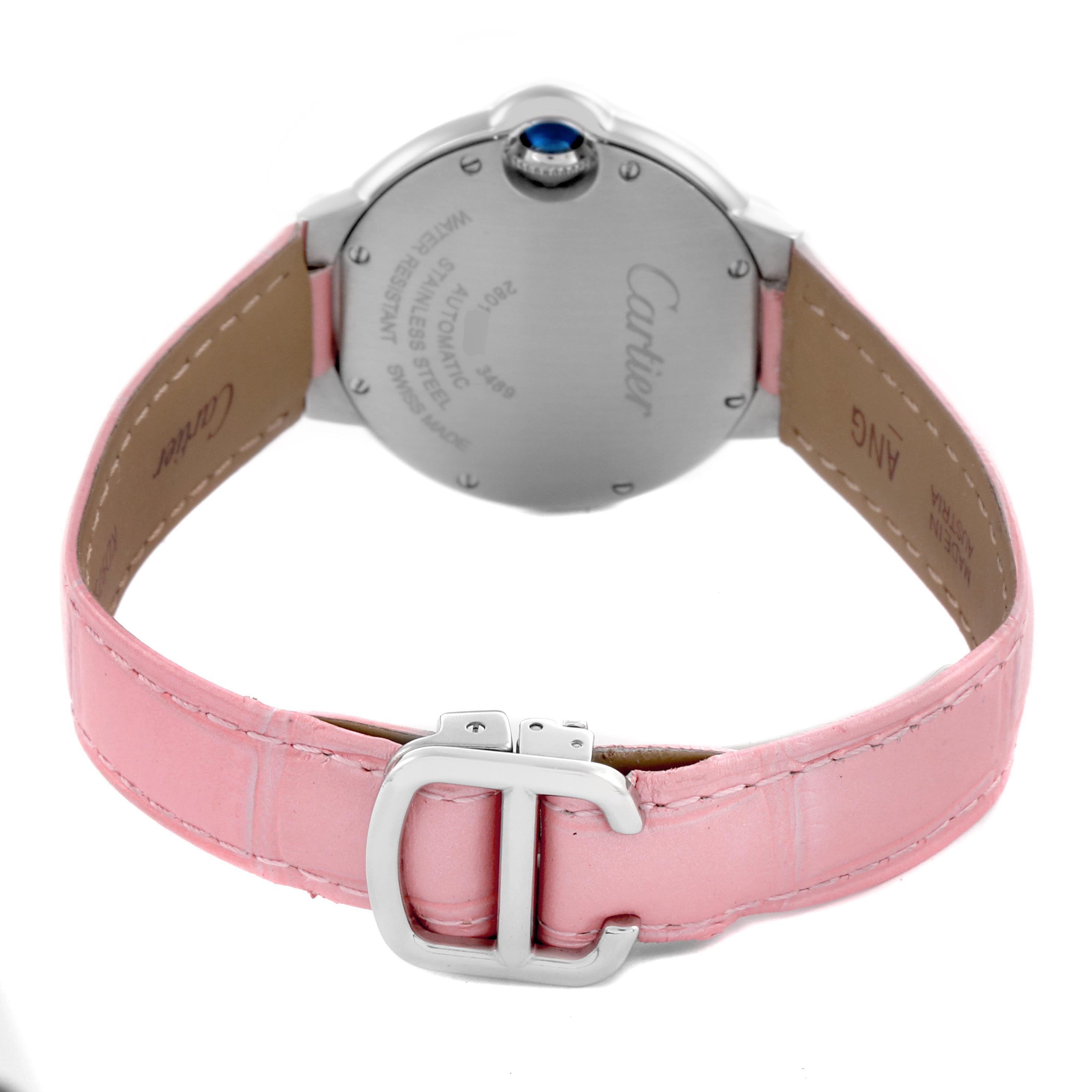 The image shows the back of a Cartier Ballon Bleu WSBB0002 Women's Stainless Steel Pink Dial WSBB0002 Women's Stainless Steel Pink Dial watch with a pink strap and buckle, featuring the case back and crown.