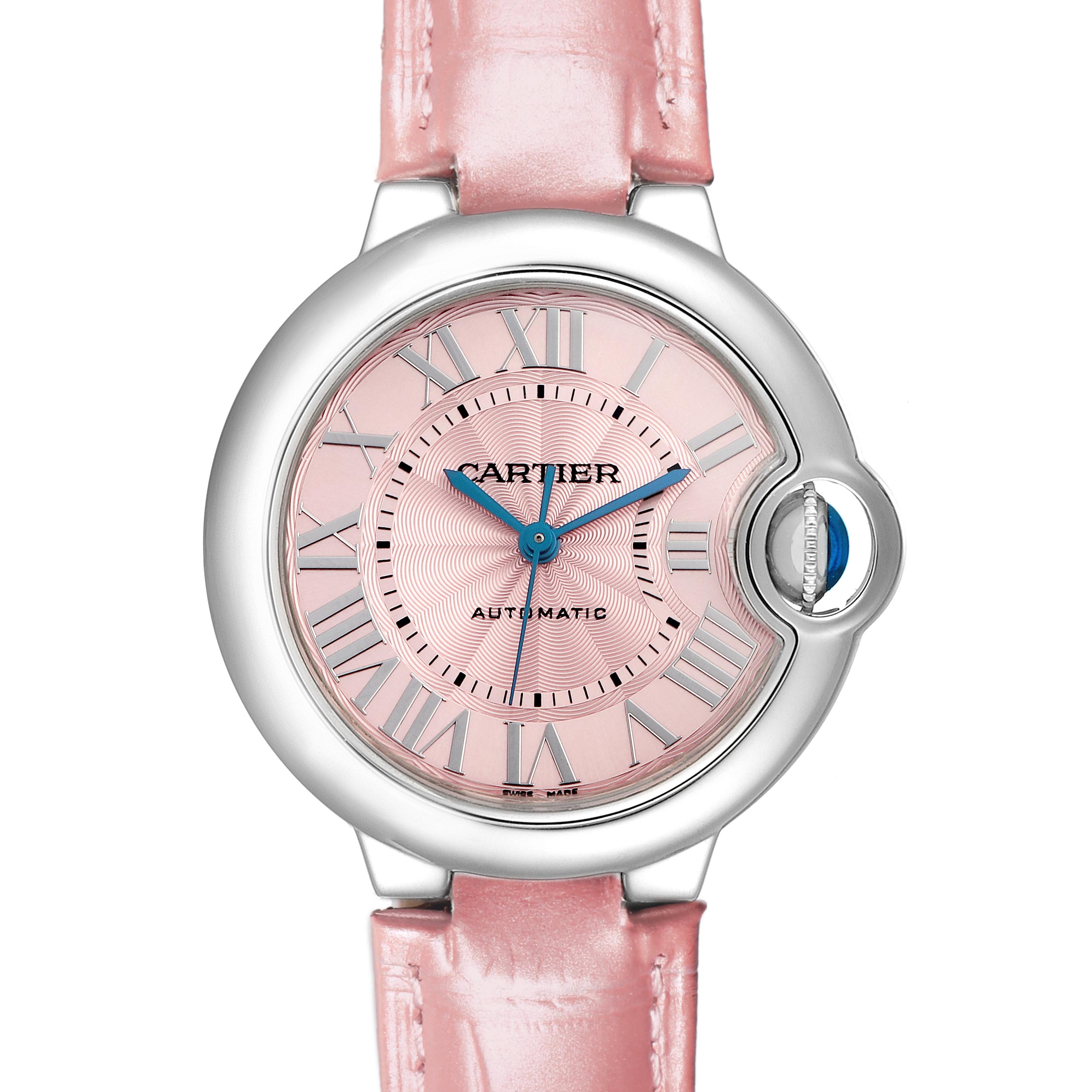 The image shows a frontal view of a Cartier Ballon Bleu WSBB0002 Women's Stainless Steel Pink Dial WSBB0002 Women's Stainless Steel Pink Dial watch, highlighting its pink dial, Roman numerals, and crown with a blue accent.