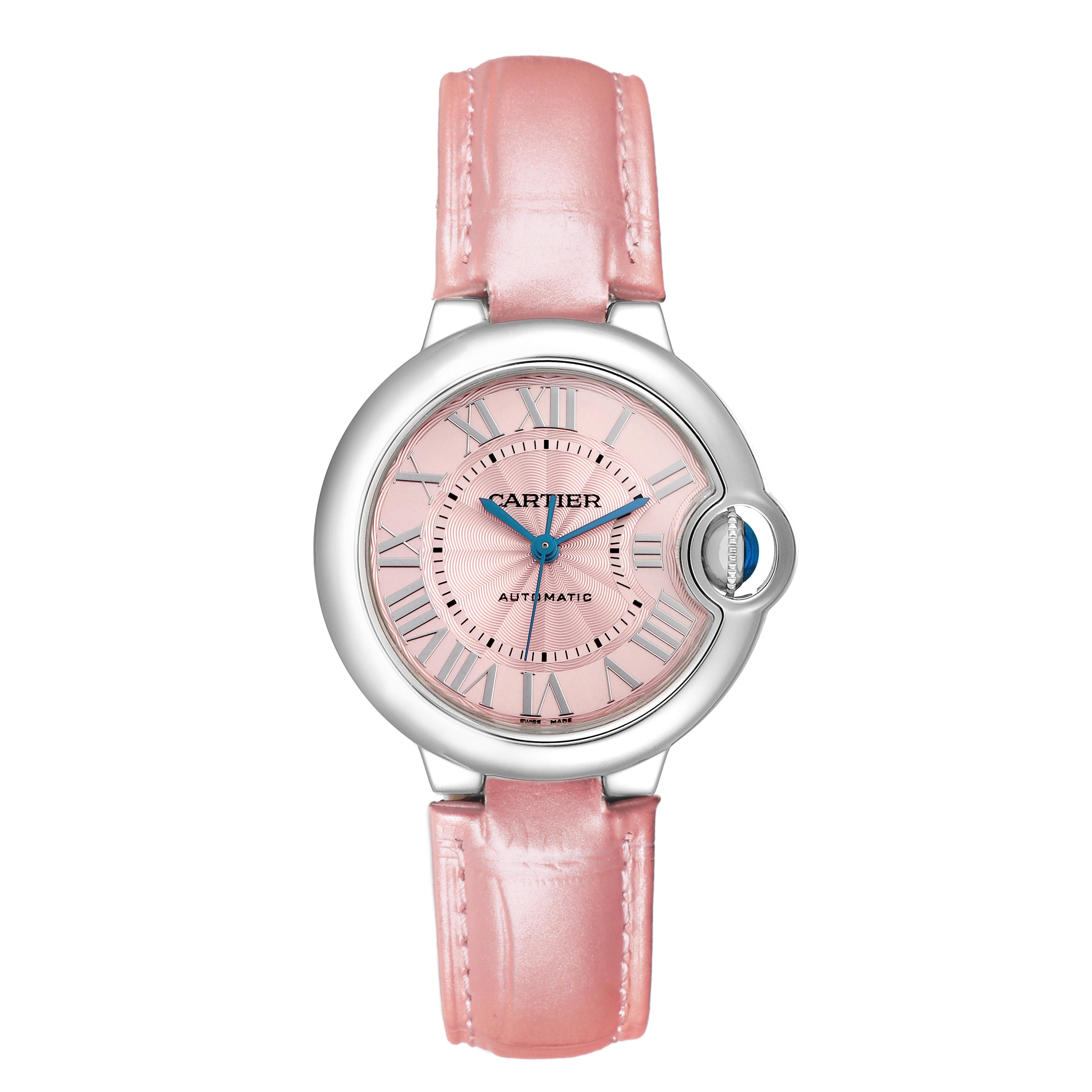 The Cartier Ballon Bleu WSBB0002 Women's Stainless Steel Pink Dial WSBB0002 Women's Stainless Steel Pink Dial watch is shown from the front, featuring a pink dial, blue hands, and a pink leather strap.